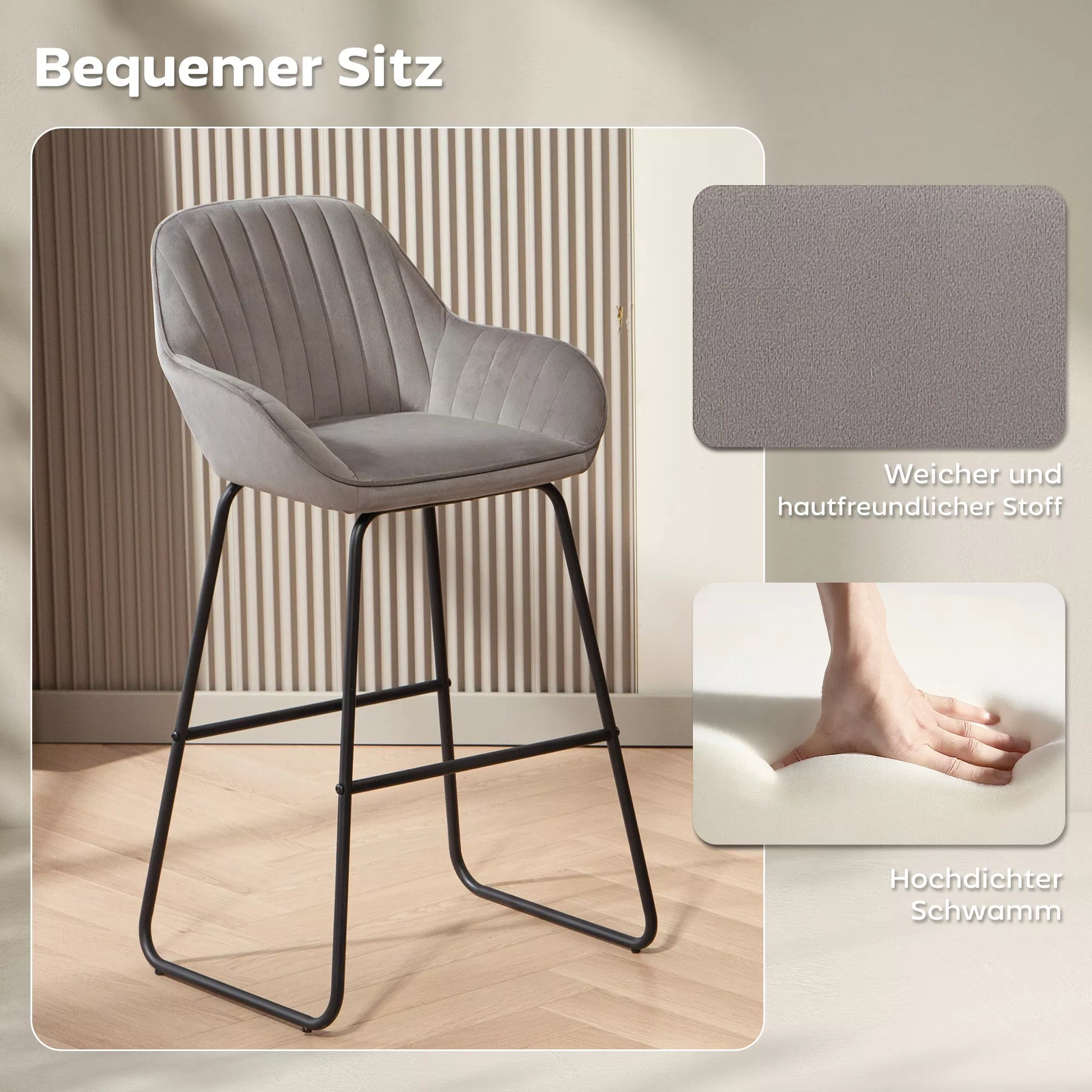 2 vnt. baro kėdžių rinkinys, baro kėdės su audiniu ir putų paminkštinimu, paminkštintos kėdės su metalinėmis kojomis, pilkos spalvos