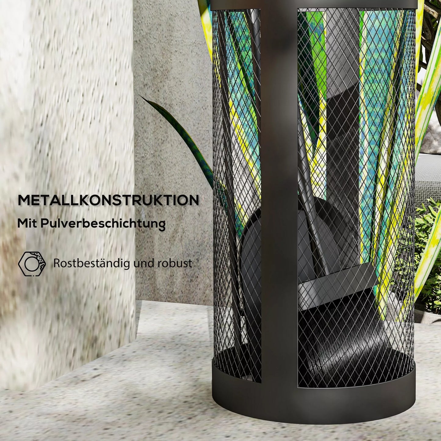 5 dalių židinio įrankių komplektas: šluota, kastuvas, žnyplės, pakūros pagaliukas ir krepšys, pagamintas iš ugniai atsparaus juodo metalo