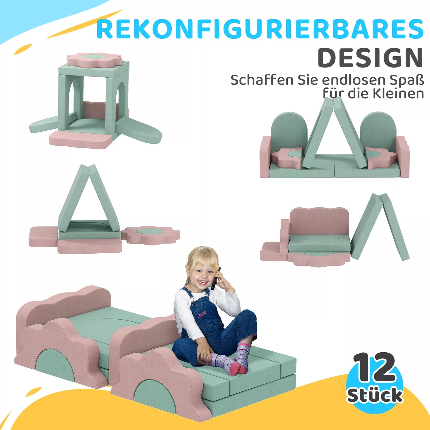 12 dalių putplasčio blokų rinkinys laipiojimui, statyboms, ropojimui, vidinėms žaidimų aikštelėms su corduro audinio užvalkalu, žalia+rožinė