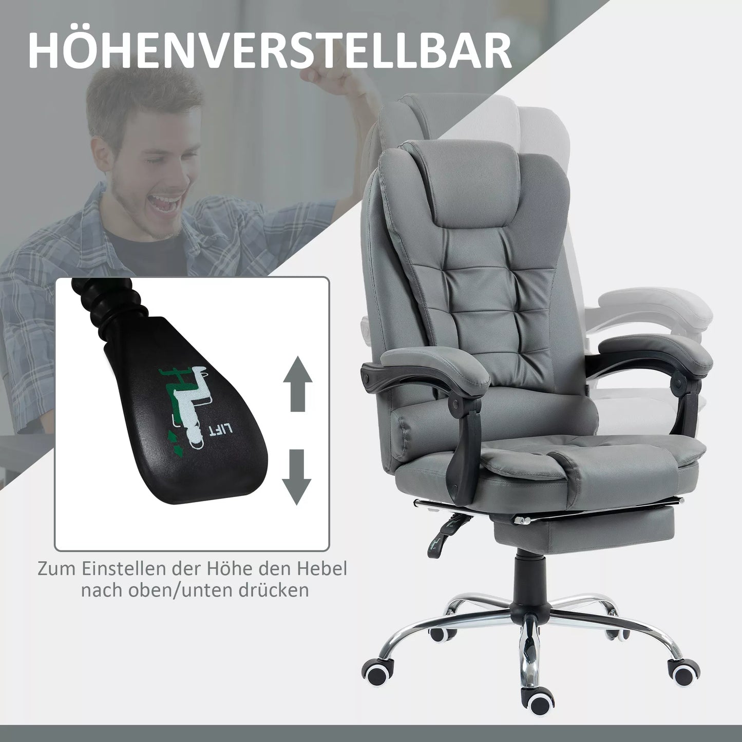 Biuro kėdė su atrama kojoms, darbo kėdė, reguliuojamas atlošas, reguliuojamas aukštis, Pilka+Juoda+Sidabrinė