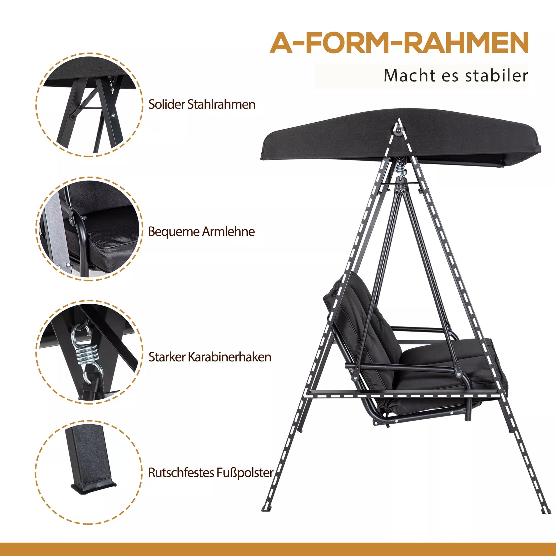 Holivudo sūpynės, 2 vietos sodo sūpynės su reguliuojamu stogu, atlaiko iki 220 kg svorį, 145 x 116 x 172 cm, juodos spalvos