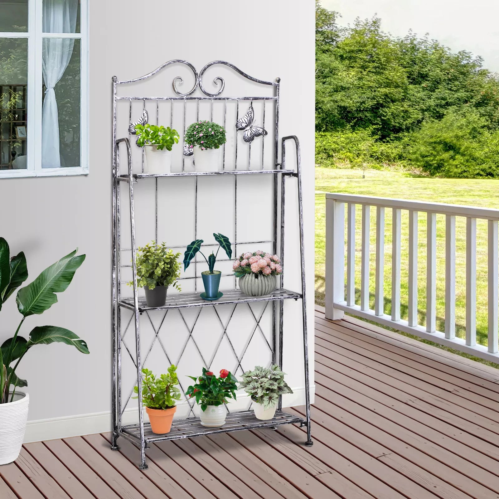 Augalų stovas Augalų stovas Gėlių stovas Gėlių laiptai Sodo stovas 3 lygiai Metalo sidabrinės spalvos 44 x 25 x 96 cm