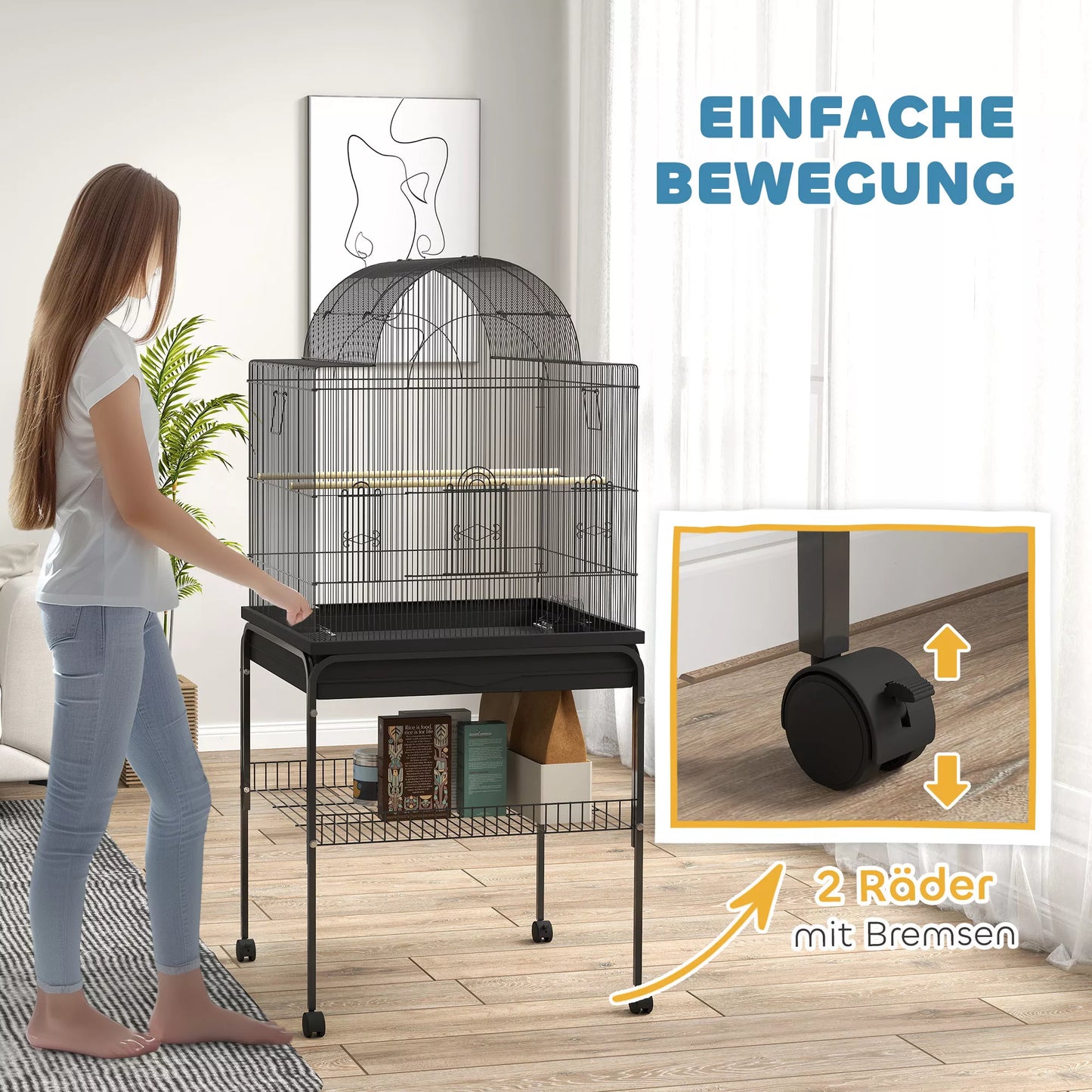 Mobilus paukščių narvas kanarėlėms ir banguotiesiems papūgėlėms, su dugno skyriumi, metaliniu tinkleliu, juodas