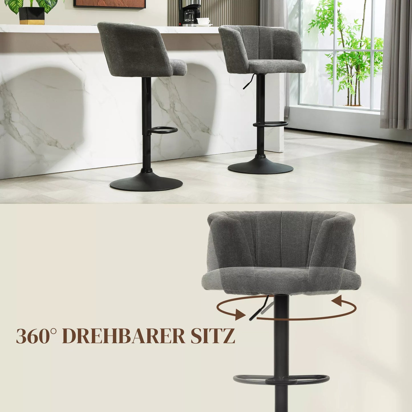 Baro kėdžių komplektas iš 2 vnt., kaušo formos atlošas, reguliuojamas aukštis, atrama kojoms, skirta virtuvei ar valgomajam, metalinis pagrindas, tamsiai pilka