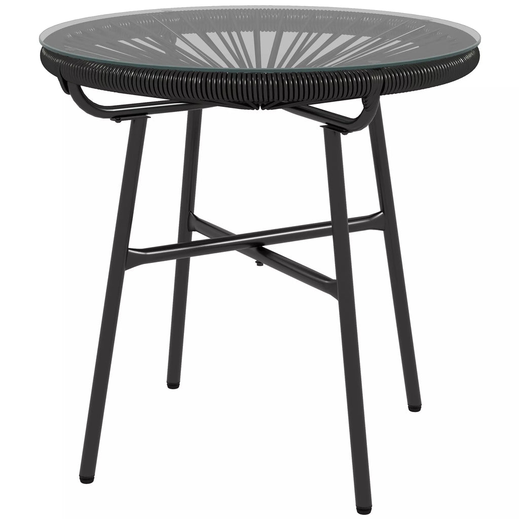 Sodo stalas Boho stiliaus lauko staliukas, PE rotangas, grūdintas stiklas, atsparus atmosferos poveikiui, 50 cm x 50 cm x 50 cm, juodas