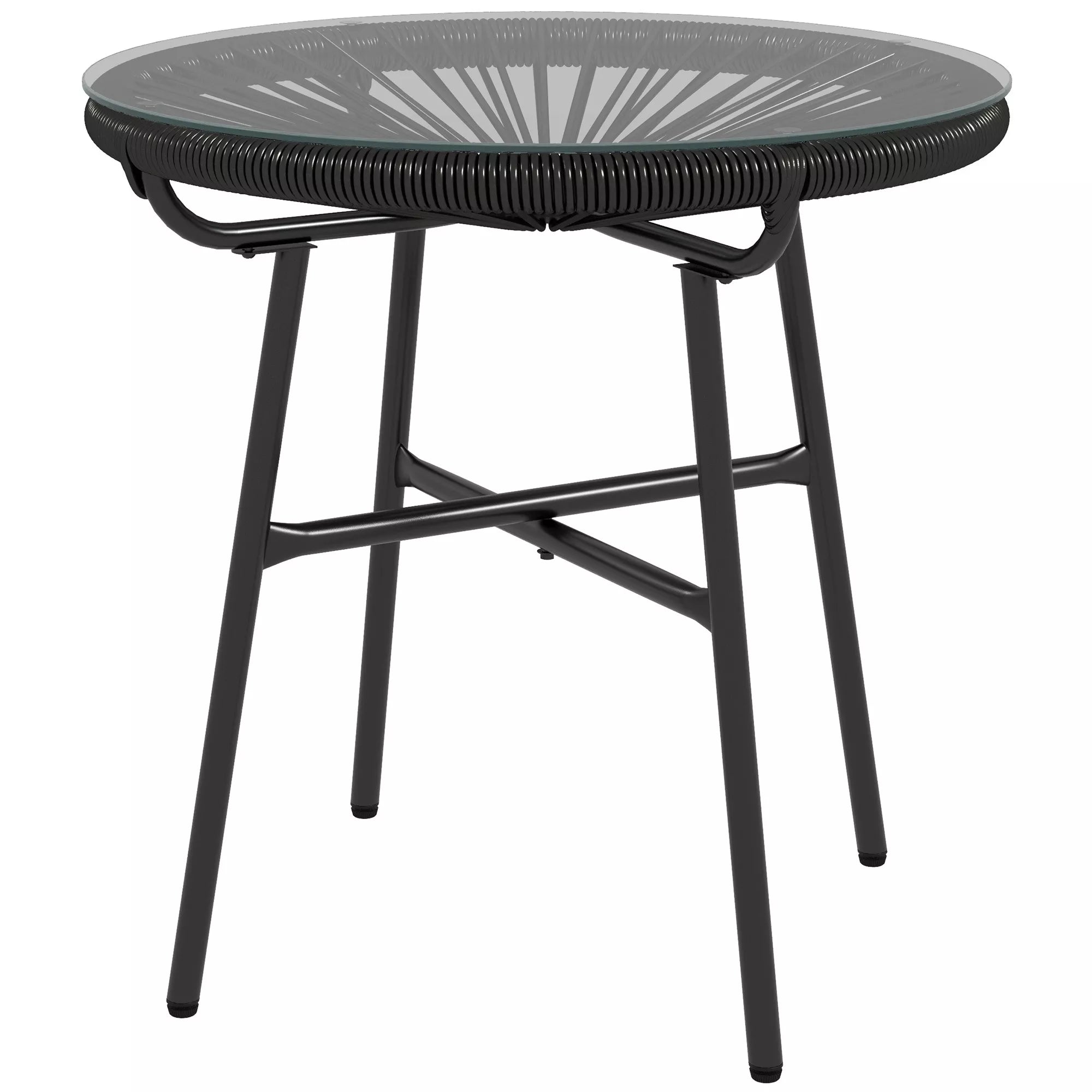 Sodo stalas Boho stiliaus lauko staliukas, PE rotangas, grūdintas stiklas, atsparus atmosferos poveikiui, 50 cm x 50 cm x 50 cm, juodas