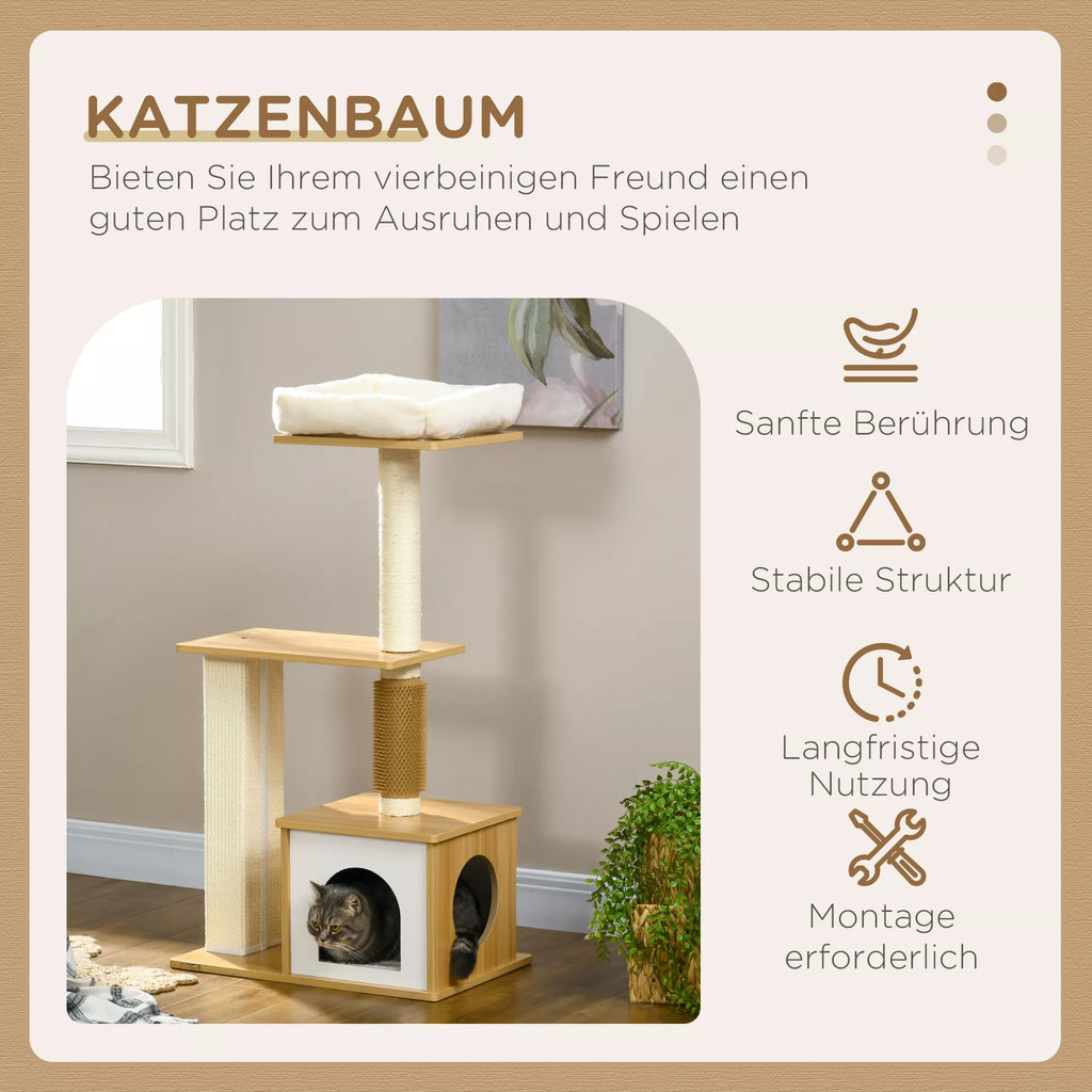 Kratzbaum Katės medis Katės urvas, 1 katės lovelė, 1 gulėjimo vieta, 59,5 cm x 39,5 cm x 114 cm, ruda + balta