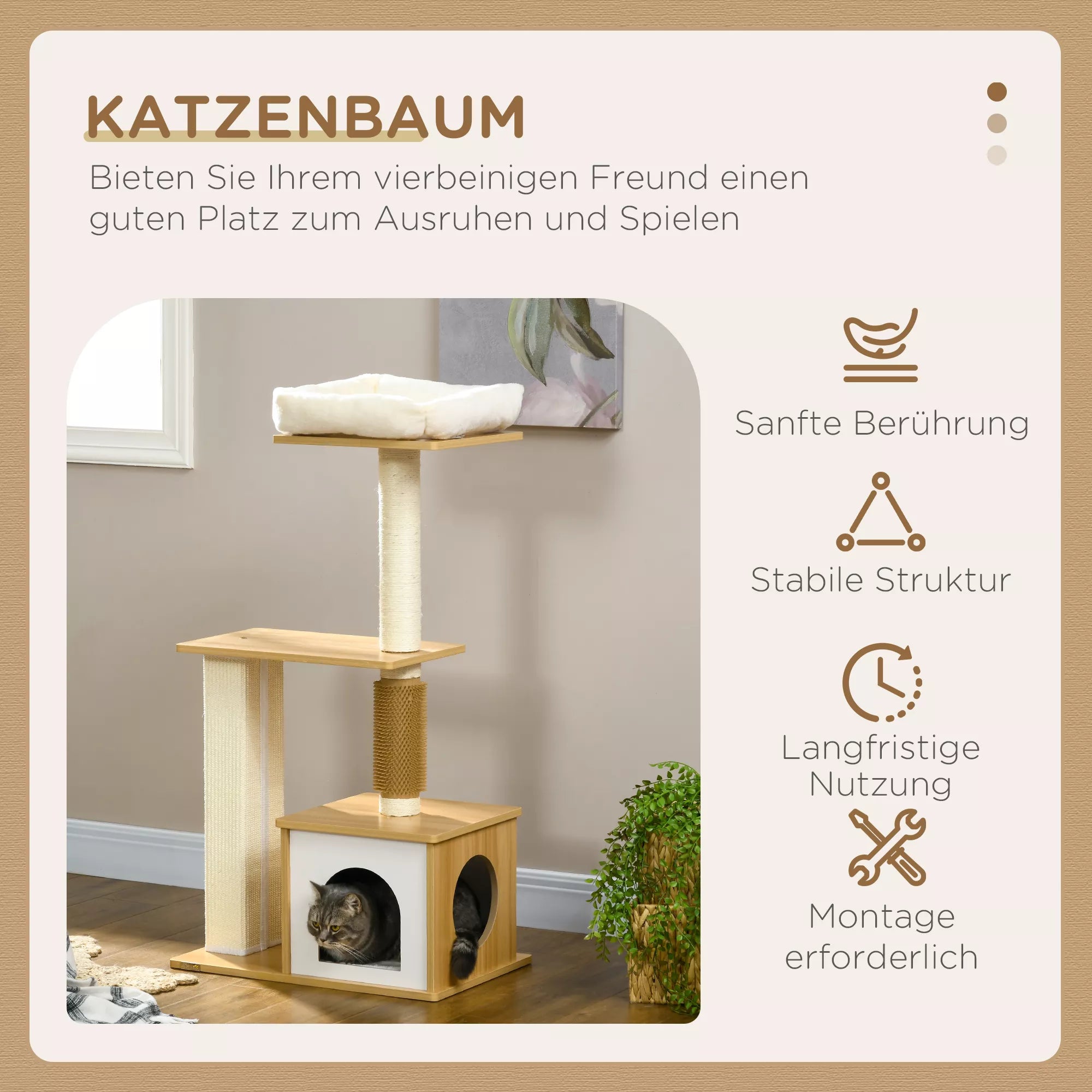 Kratzbaum Katės medis Katės urvas, 1 katės lovelė, 1 gulėjimo vieta, 59,5 cm x 39,5 cm x 114 cm, ruda + balta