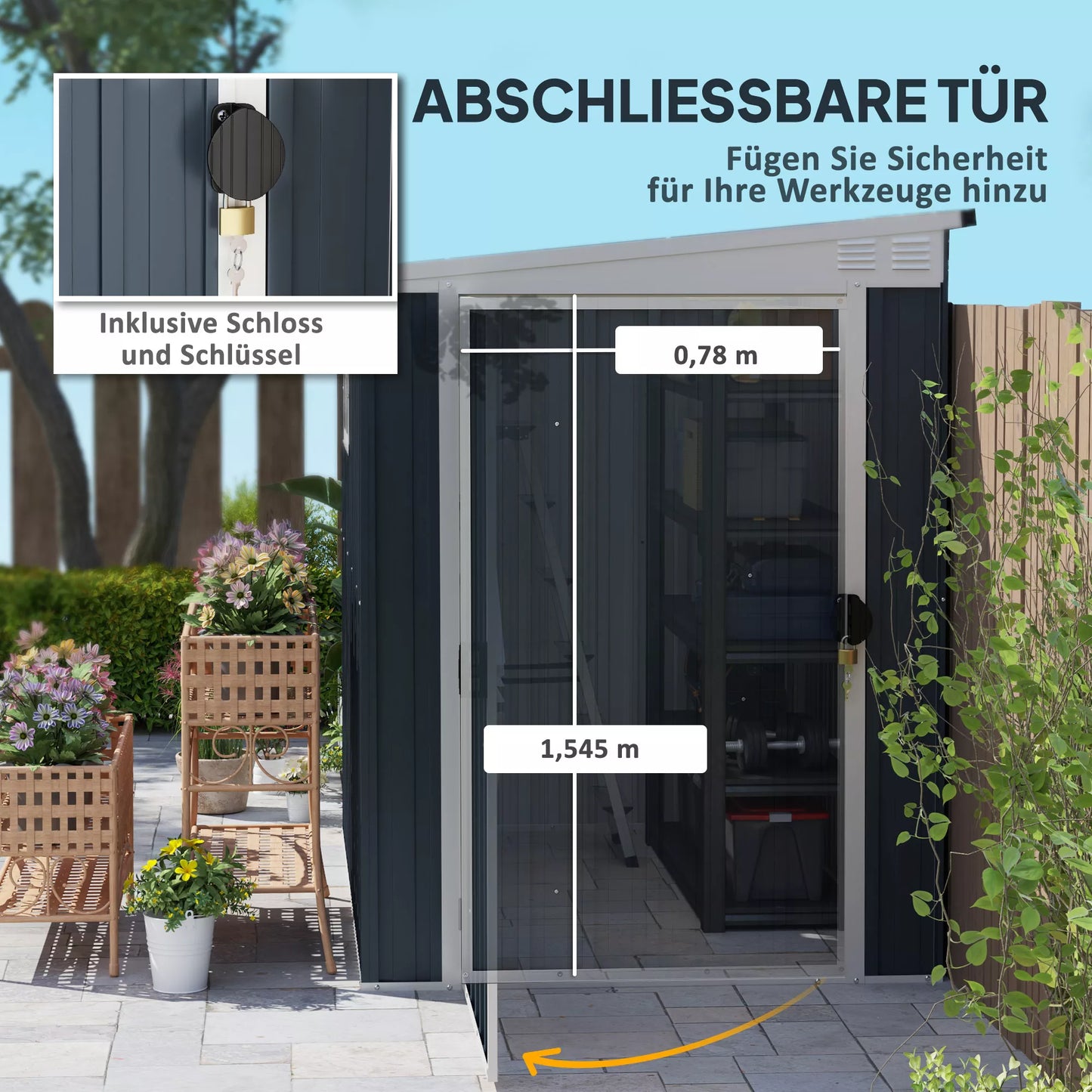 Sodo sandėliavimo pašiūrė, įrankių namelis sodo įrankiams, su langais, vėdinimo angomis, užrakinama, plieninė, tamsiai pilka