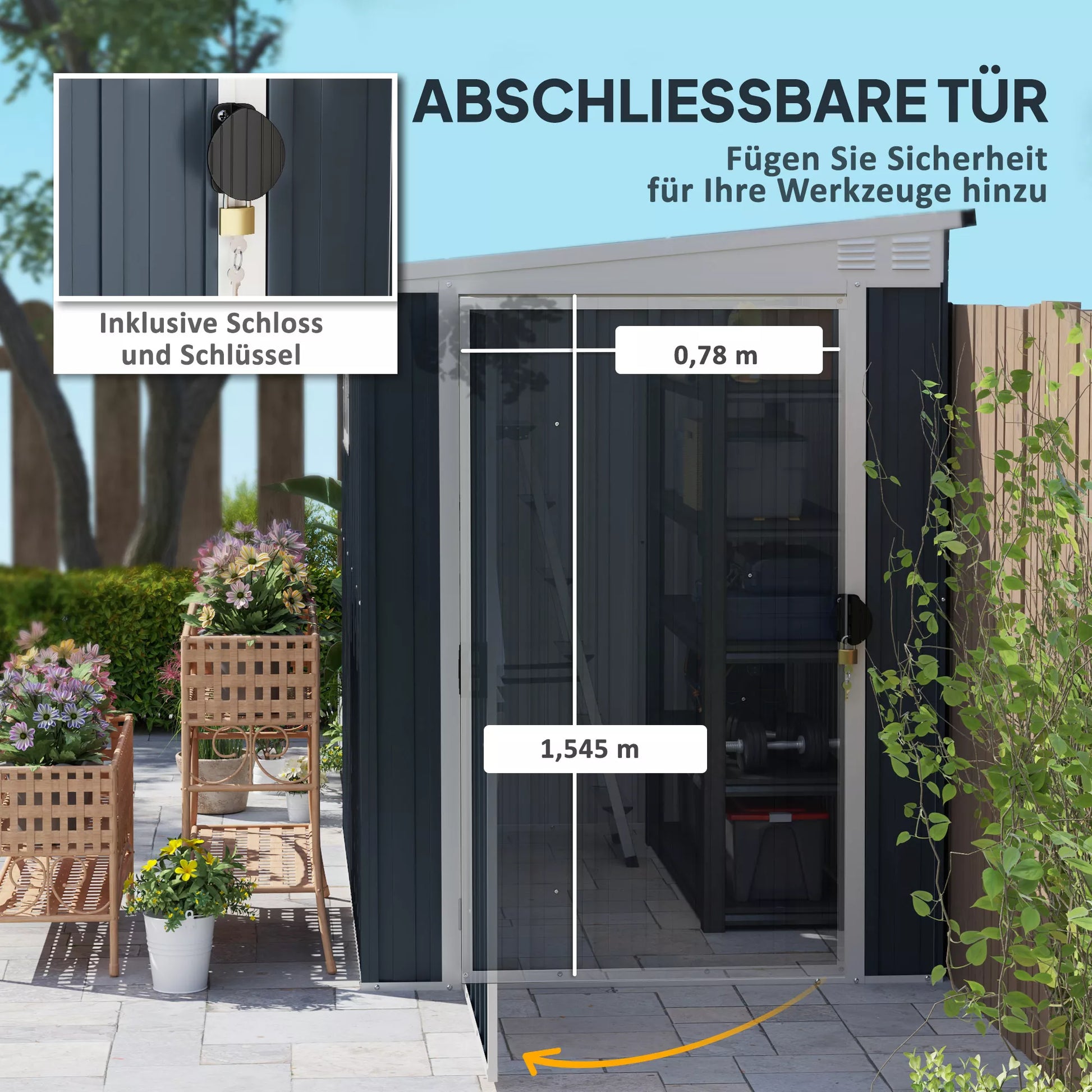 Sodo sandėliavimo pašiūrė, įrankių namelis sodo įrankiams, su langais, vėdinimo angomis, užrakinama, plieninė, tamsiai pilka