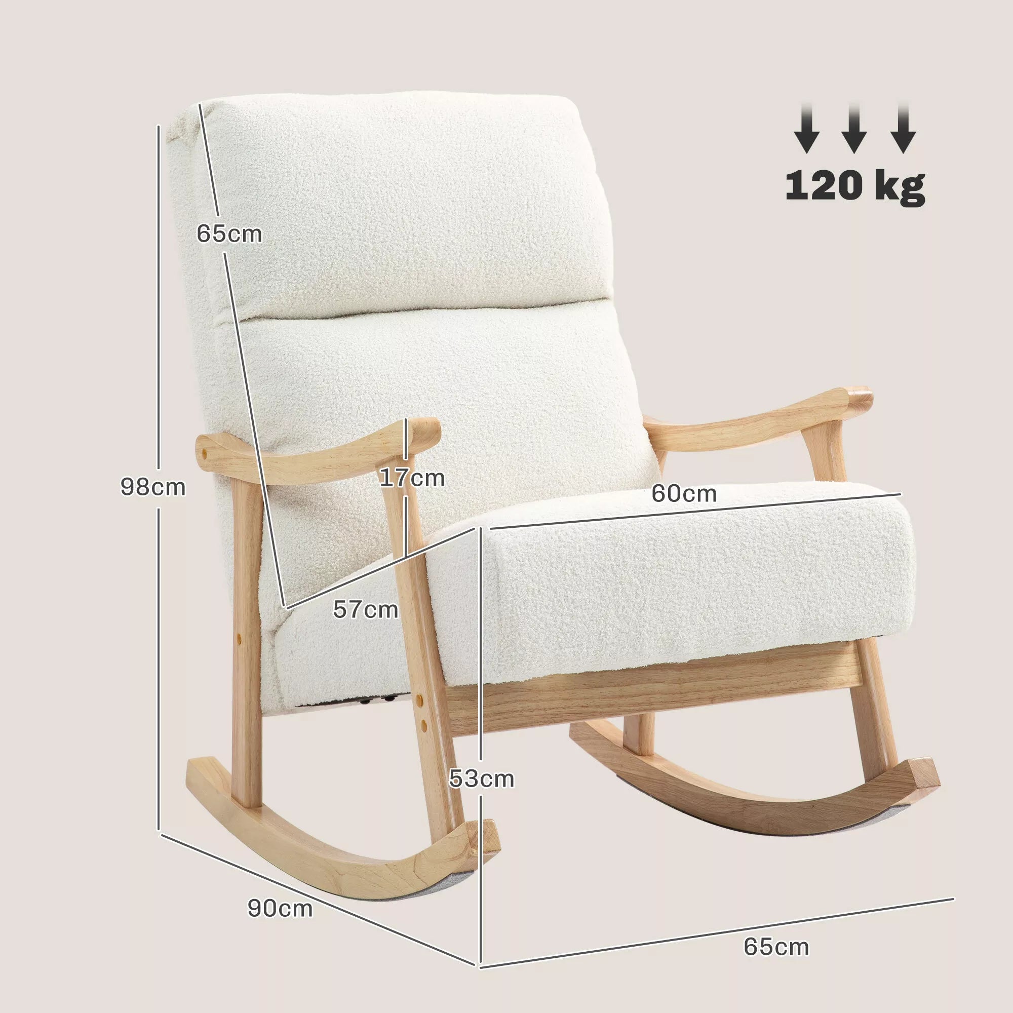 Sūpynės kėdė, aksomo imitacijos audinys, ergonomiška atlošimo dalis, 120 kg apkrova, 65B x 90T x 98H cm, kreminė balta spalva