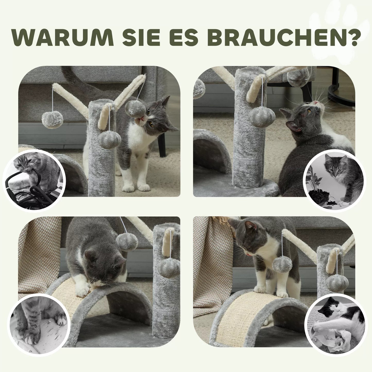 Kačių draskyklė 40 cm Mažas kačių bokštelis su guoliu, 2 žaisliniais kamuoliukais, draskomuoju kilimėliu, kačių laipiojimo medis, mažoms ir didelėms katėms, šviesiai pilkas