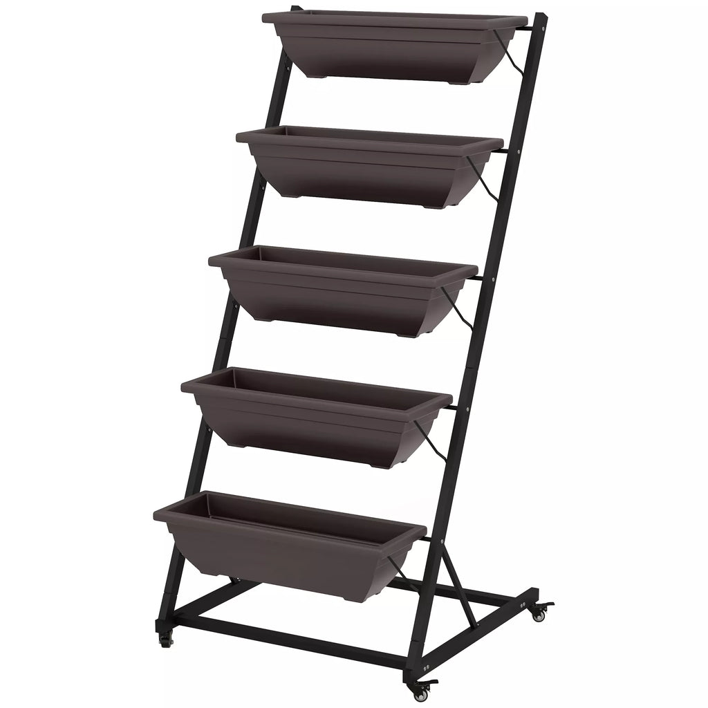 Metalinis gėlių stovas 5 pakopų su sodinimo loveliais, 145 cm aukščio vertikali augalų sistema, 65 x 67 x 145 cm, rudos spalvos