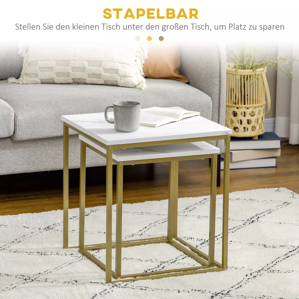 2 vnt. pagalbiniai staleliai, sukraunami pagalbiniai staleliai, marmuro imitacijos stalviršis, auksas + balta
