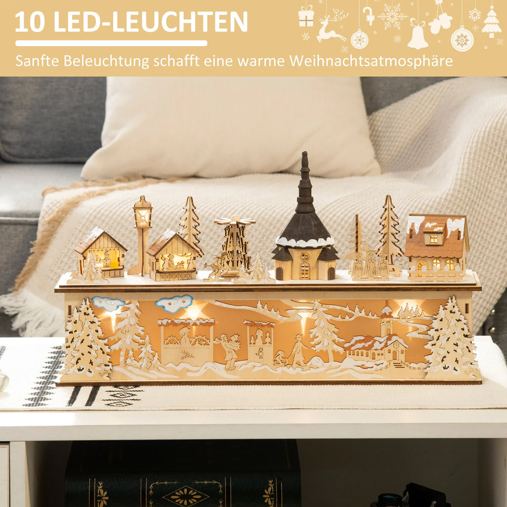 Kalėdinė dekoracija, Kalėdinis kaimelis, 10 LED, šiltai baltos šviesos, 45 x 10 x 25 cm, medžio dekoras