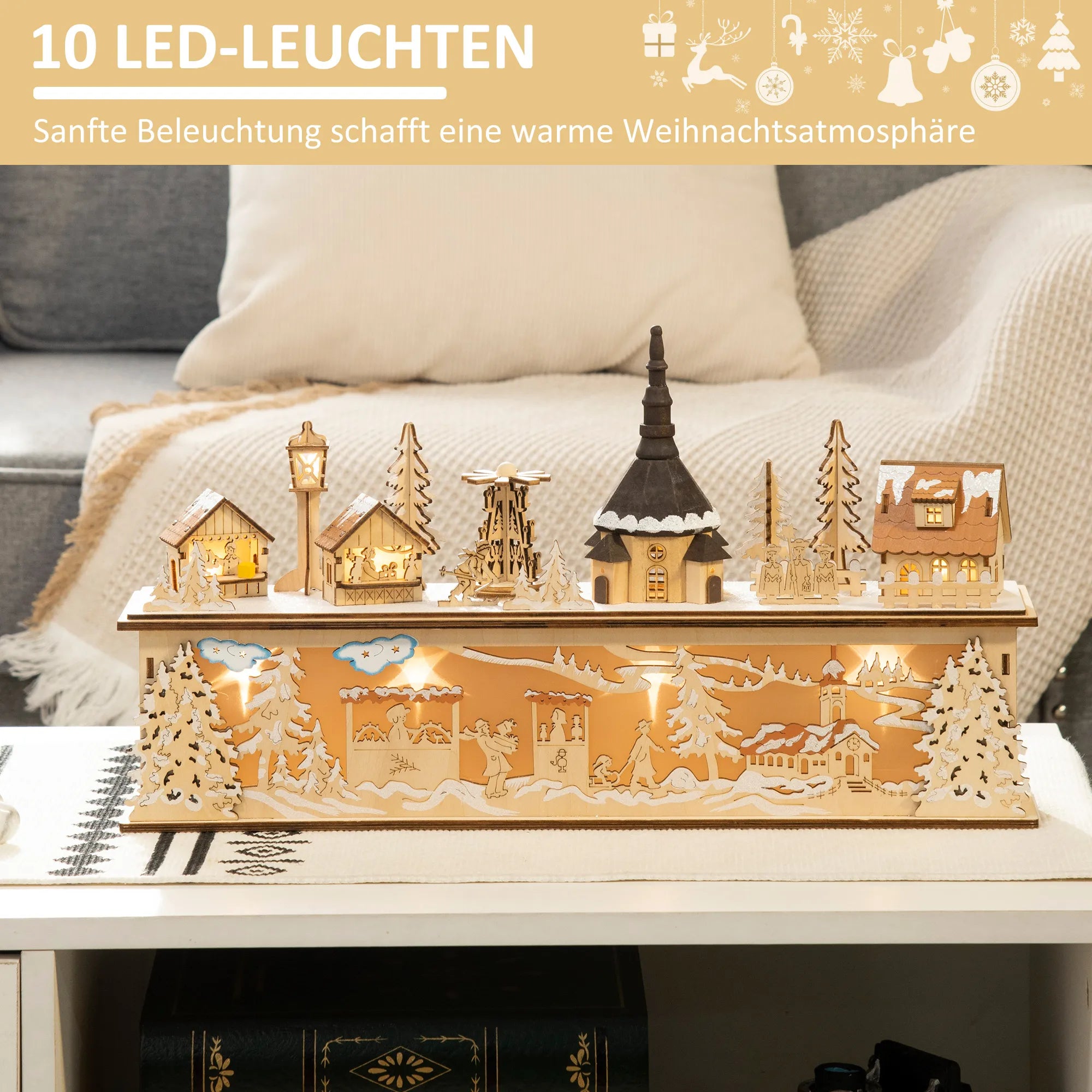 Kalėdinė dekoracija, Kalėdinis kaimelis, 10 LED, šiltai baltos šviesos, 45 x 10 x 25 cm, medžio dekoras