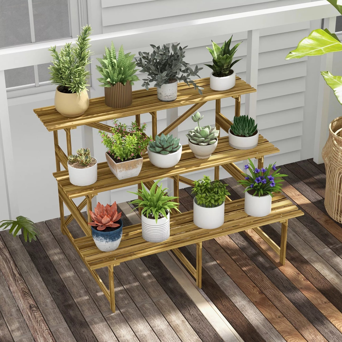 Pakyla augalams, gėlių stovas, augalų lentyna, 3 pakopos, eglės mediena, 120 x 80 x 78cm