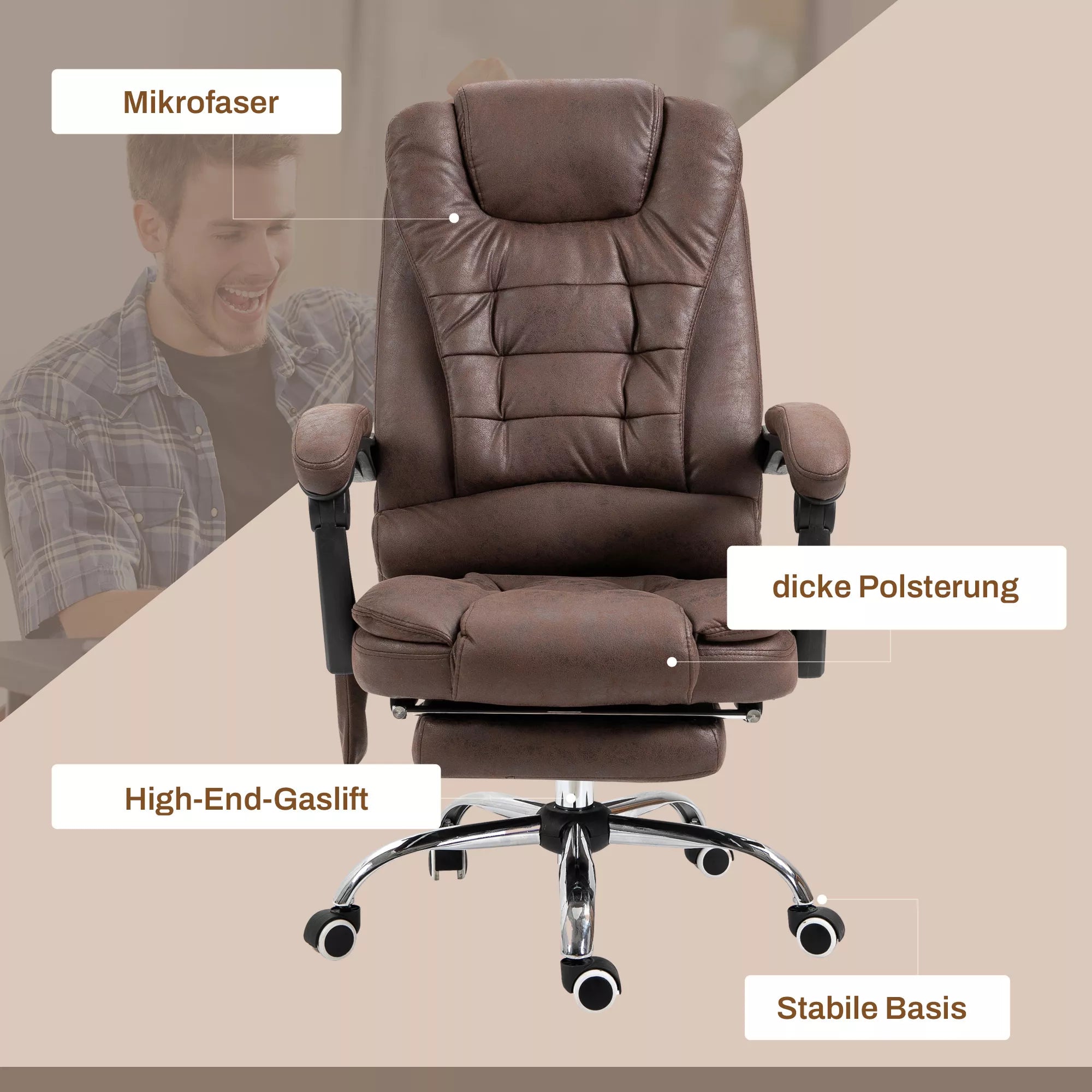 Masažinė biuro kėdė, atlošimo ir šildymo funkcija, pasukama, ergonomiška, iki 120 kg, ruda