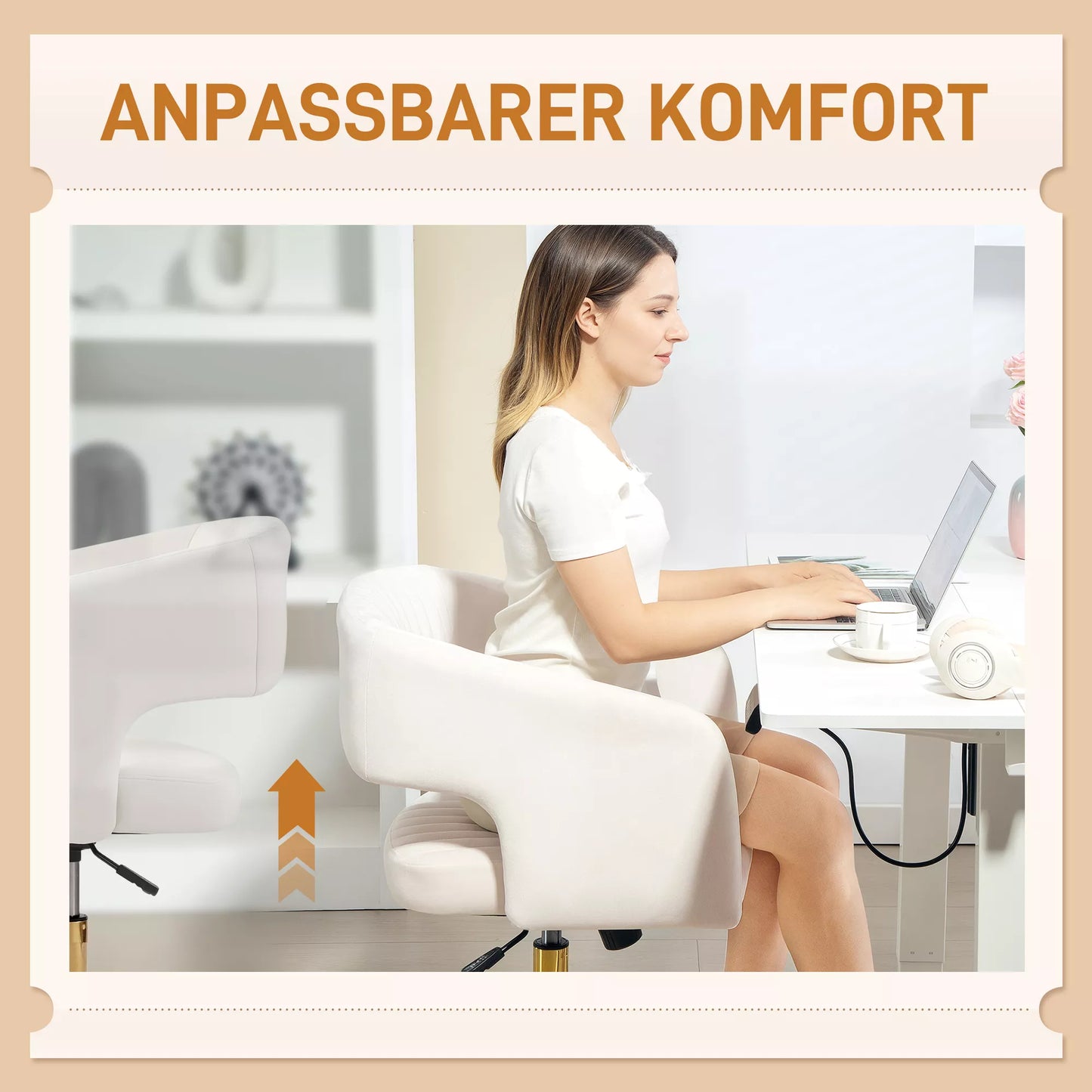 Sukama biuro kėdė su aksomo imitacijos apmušalu, aukščio reguliuojama, su pakreipimo funkcija, kreminės baltos spalvos