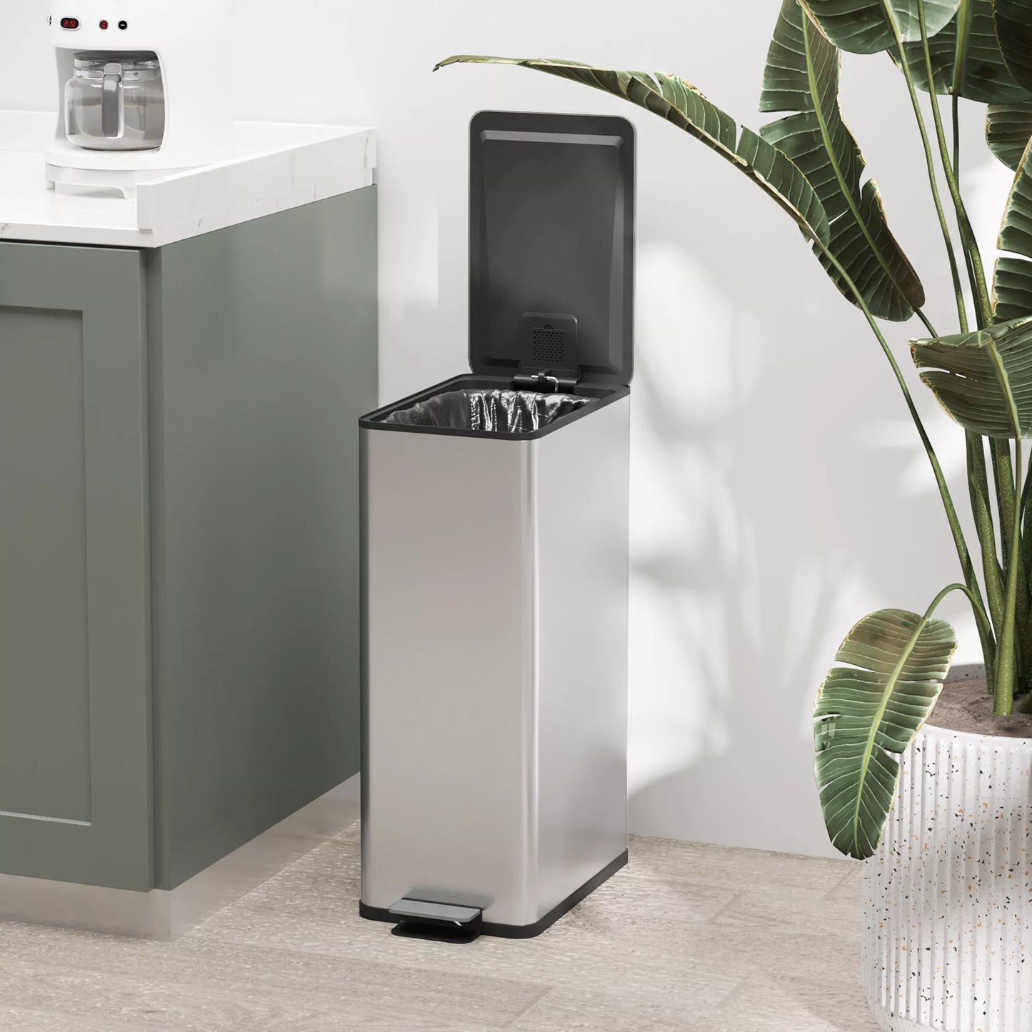 Šiukšliadėžė 20L, švelnaus uždarymo dangtis, su dezodoranto skyreliu, atspari pirštų atspaudams, nerūdijantis plienas, sidabrinė