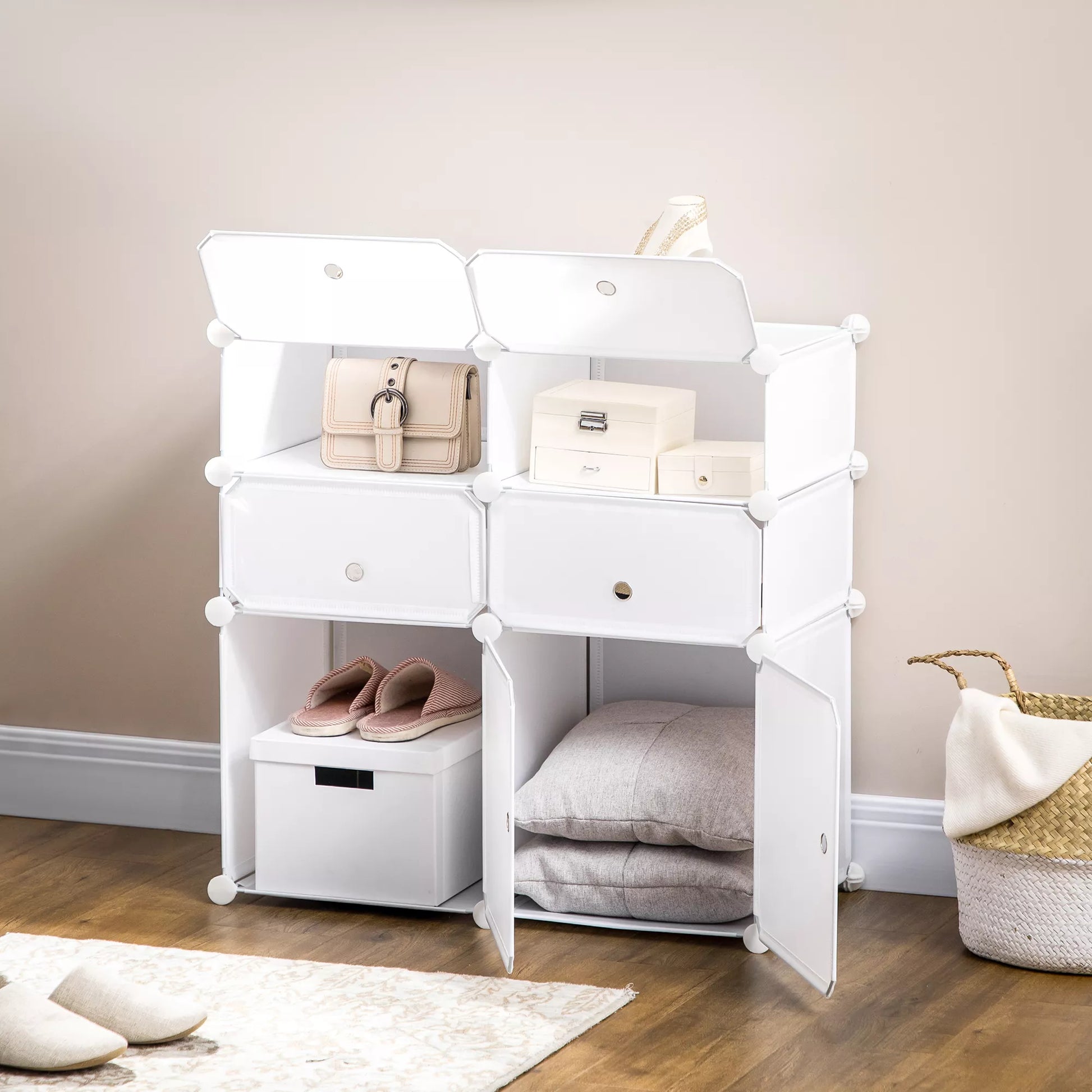 Batų spintelė, su daiktų laikymo dėžėmis, plastikas ir plienas, 75 x 37 x 73 cm, balta