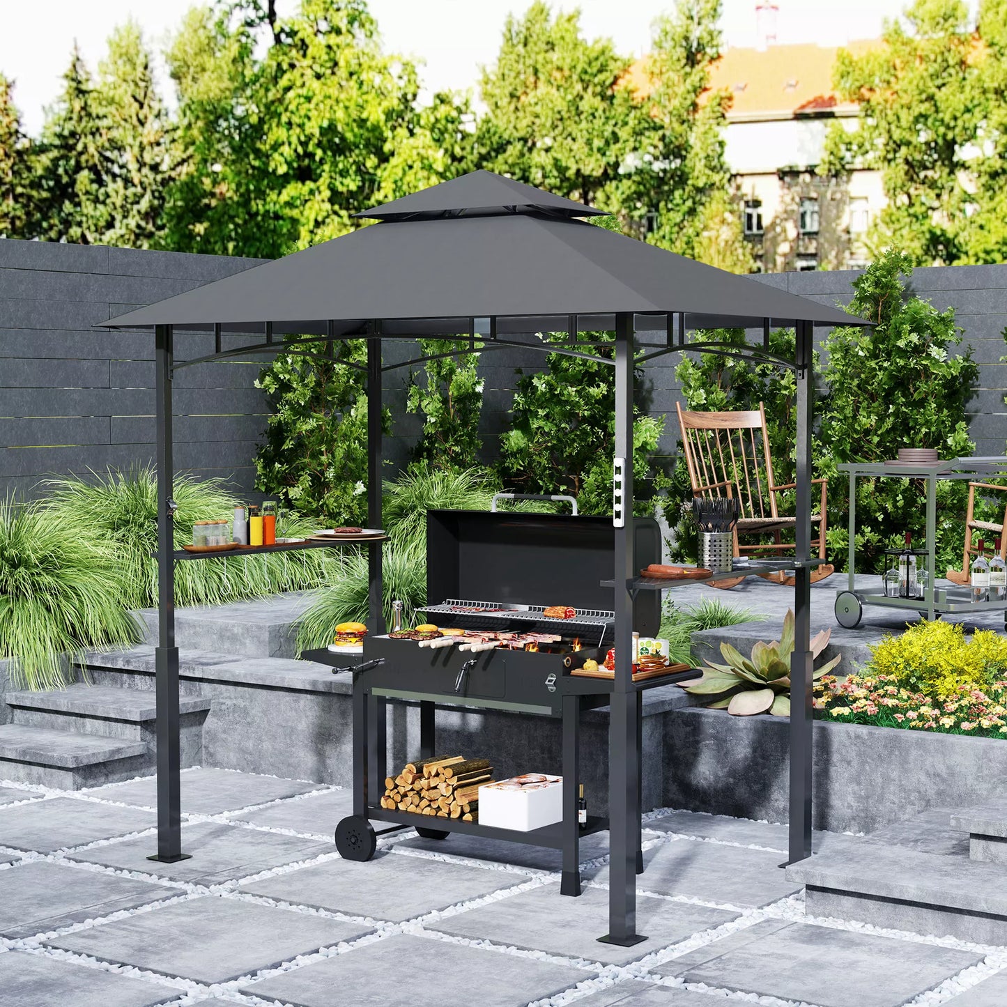 Grill paviljonas, sodo grilio palapinė su prieskonių lentynomis, LED apšvietimas, metalas, plastikas, 243L x 148B x 248H cm, pilkos spalvos