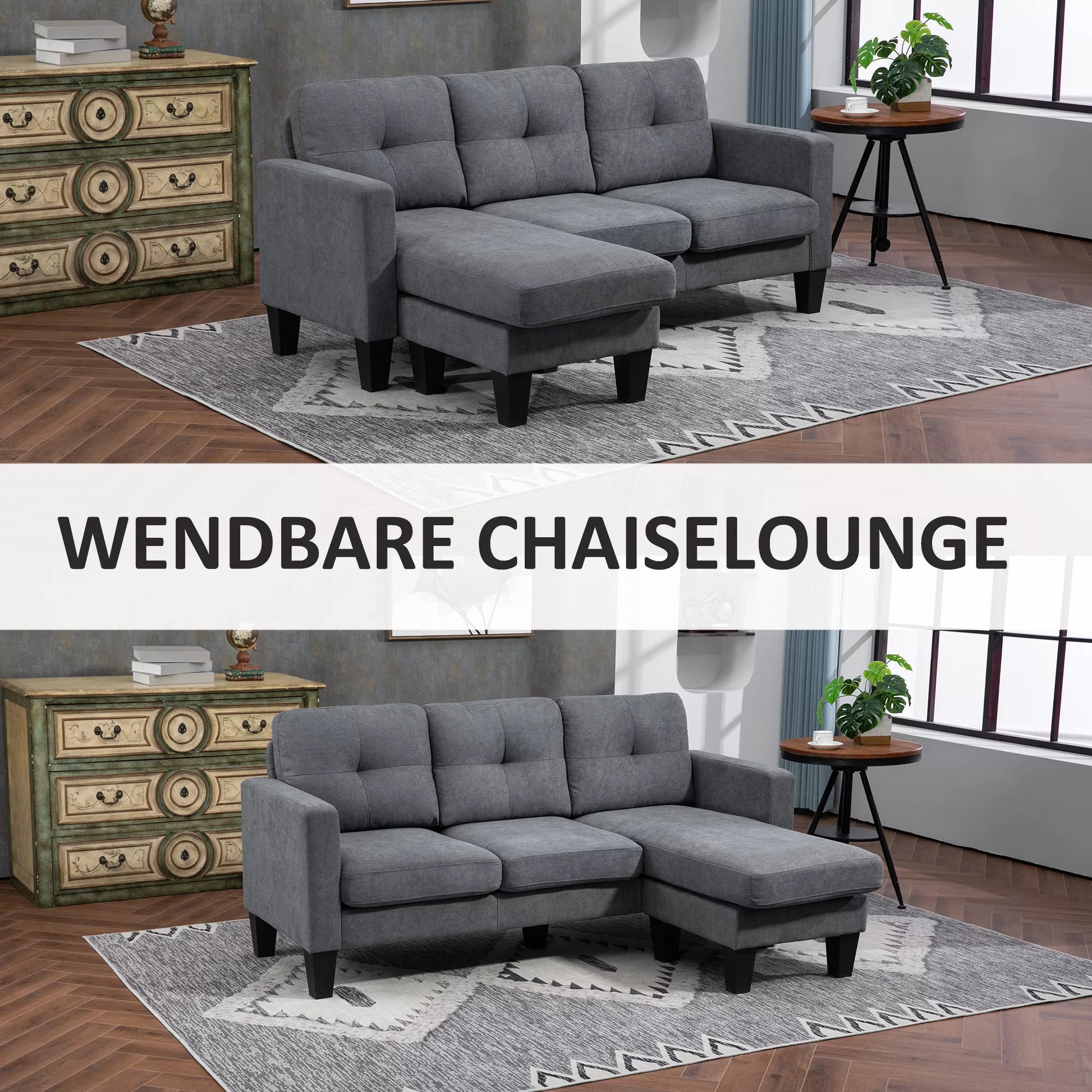 L formos kampinis sofos, abiejose pusėse pritvirtinamas šezlongas, minkštas sofos, tamsiai pilkos spalvos