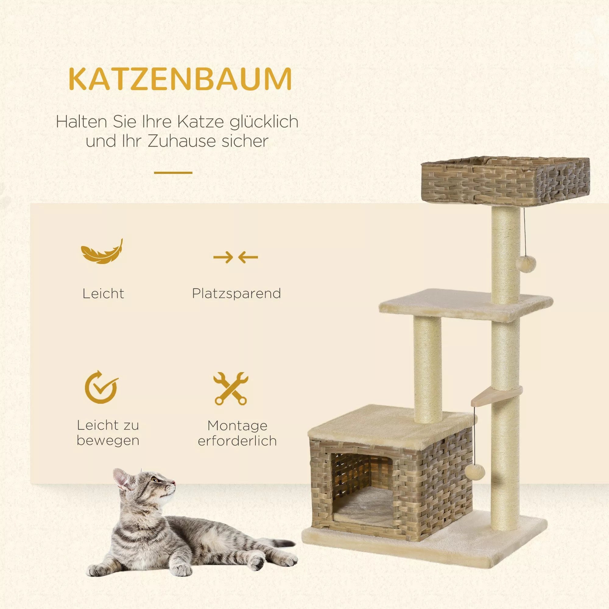 Rotango katės medis, kačių draskyklė, baldai kačiukams su būdele, kamuoliuko žaislas, sizalis, minkštas pliušas, PE, aukštis 108 cm, ruda+smėlio
