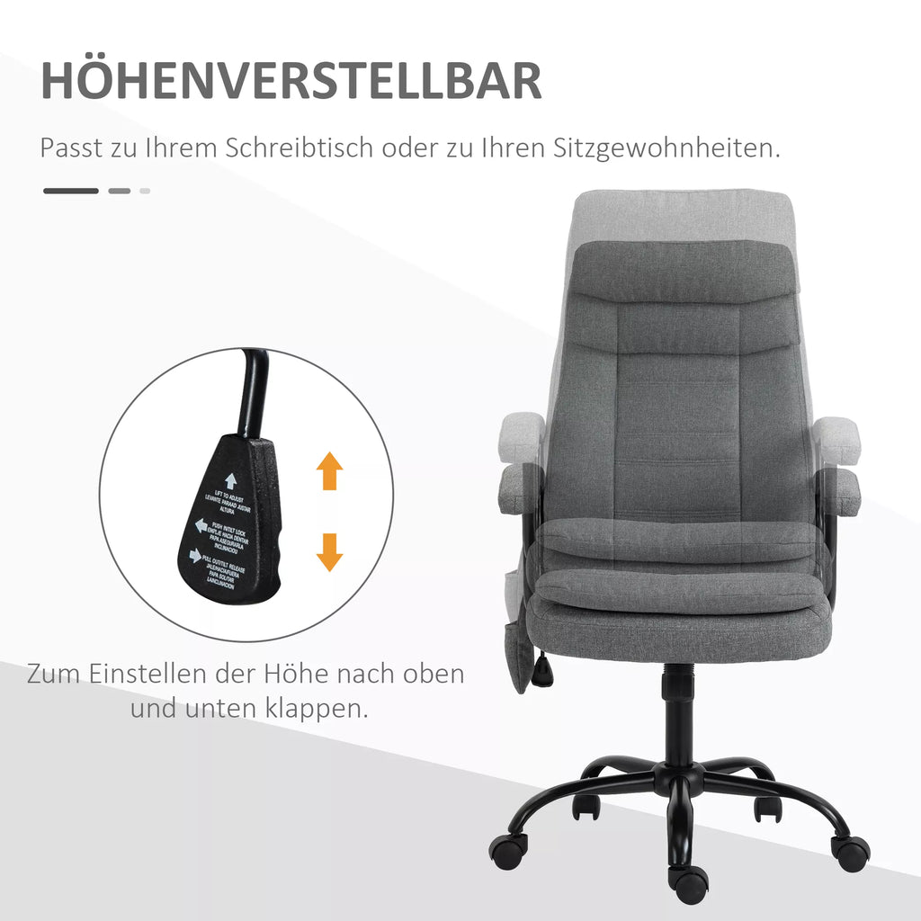 Biuro kėdė su masažu, aukščio reguliavimo, vadovo kėdė, žaidimų kėdė su masažo funkcija, ergonomiška sukama kėdė, masažinis krėslas, juosmens masažas, pilkos spalvos, su lino pojūčiu, 63 x 70 x 112-121 cm