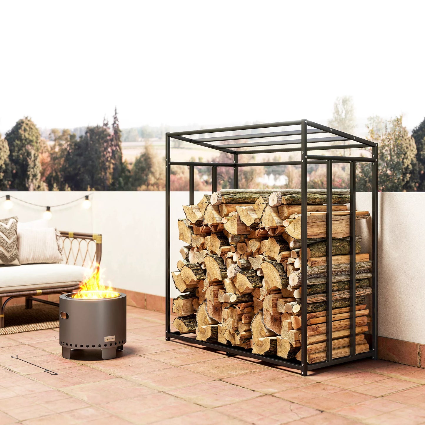 Malkinė, stovas malkoms iš plieno, su medžiaginiu uždangalu, 300 kg apkrova, 140 x 70 x 154 cm, juoda