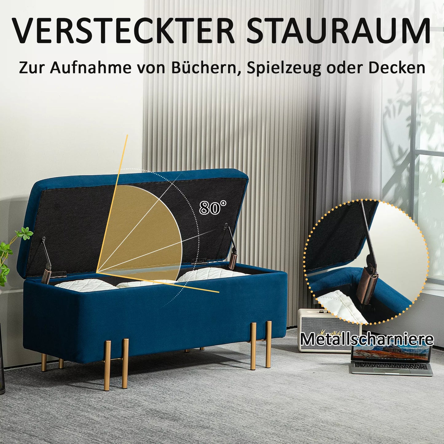 Sėdynė su daiktadėže, minkšta, metalas, kaučiuko mediena, putplastis, 100 x 40 x 42 cm, tamsiai mėlyna