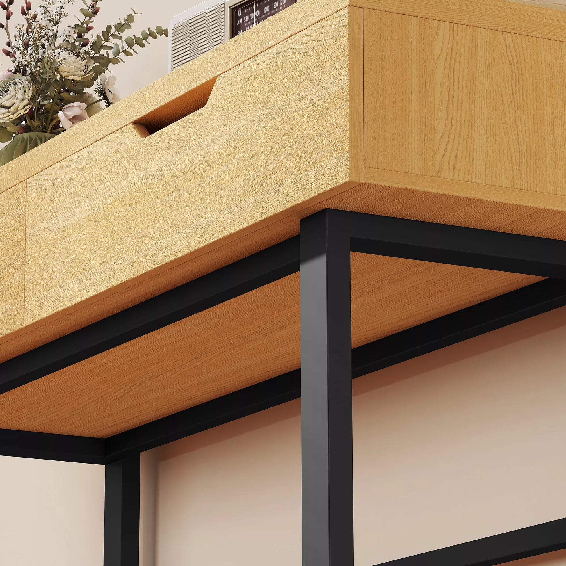 Konsolė Siauras prieškambario stalas su 2 stalčiais, metalinis rėmas, skirtas prieškambariui 110 x 35 x 76,5 cm Natūralus