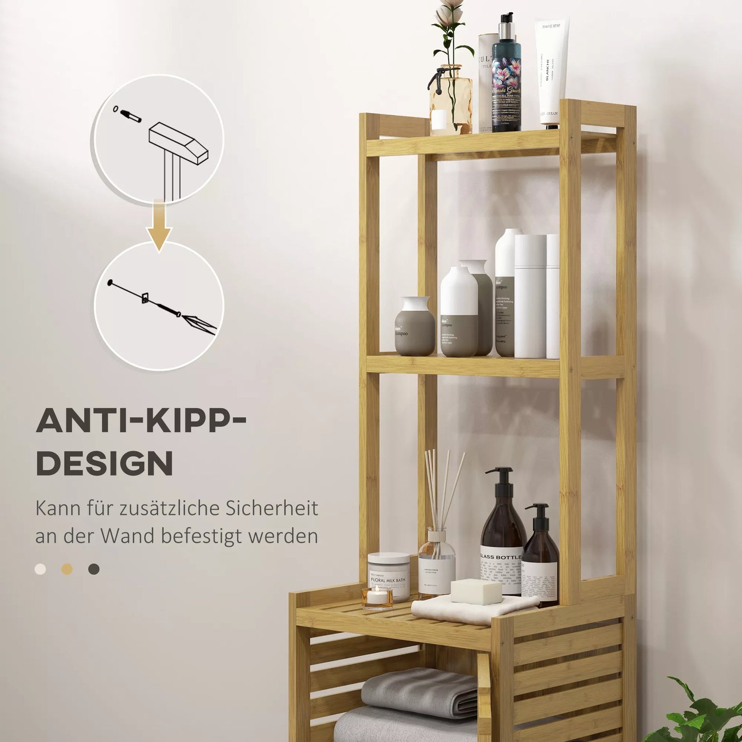 Vonios spintelė su lentynomis, 3 lentynos, 1 spintelė, 38,5 cm x 33 cm x 170 cm, natūrali