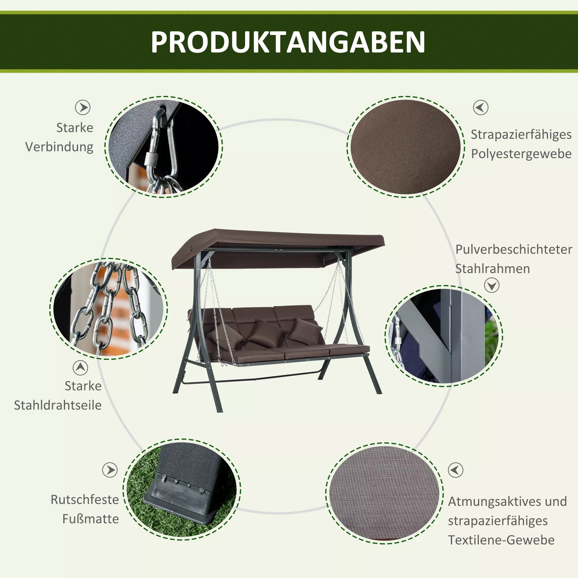 Sodo sūpynės su stogeliu, für 3 Personen, verstellbares Sonnendach, bis 270 kg, braun, 198 x 118 x 168 cm