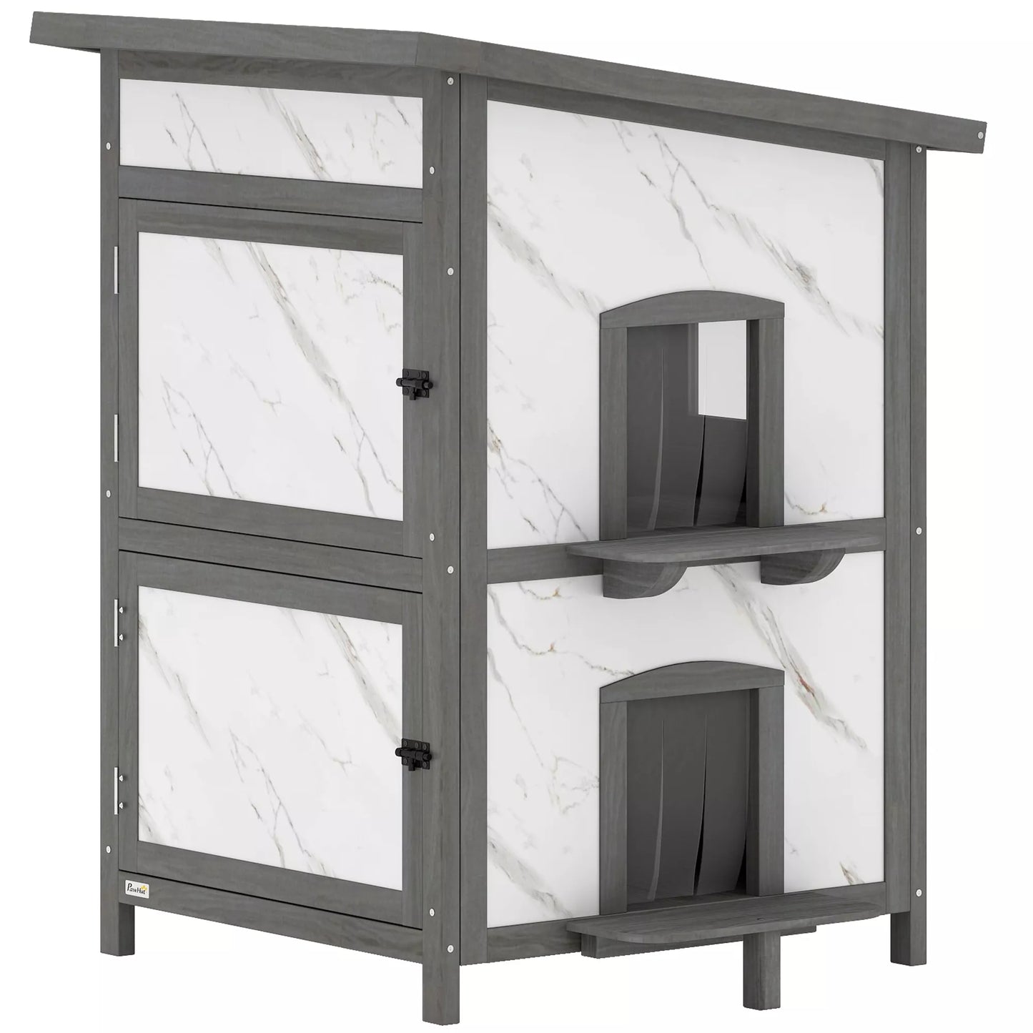 Lauko namelis katėms, medinis namelis katėms, keli įėjimai, langai, atsparus vandeniui, 60 x 60 x 88 cm, baltas