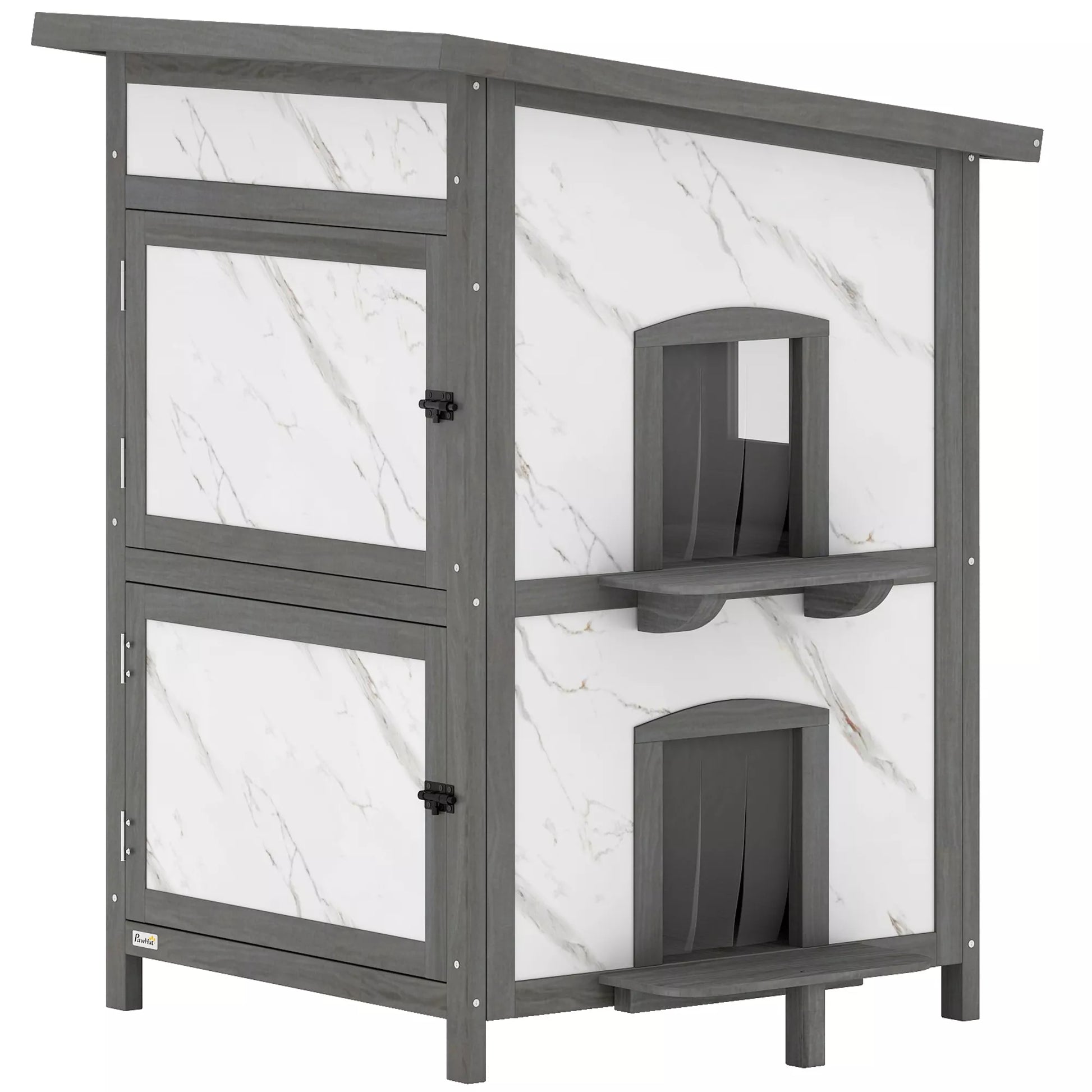 Lauko namelis katėms, medinis namelis katėms, keli įėjimai, langai, atsparus vandeniui, 60 x 60 x 88 cm, baltas