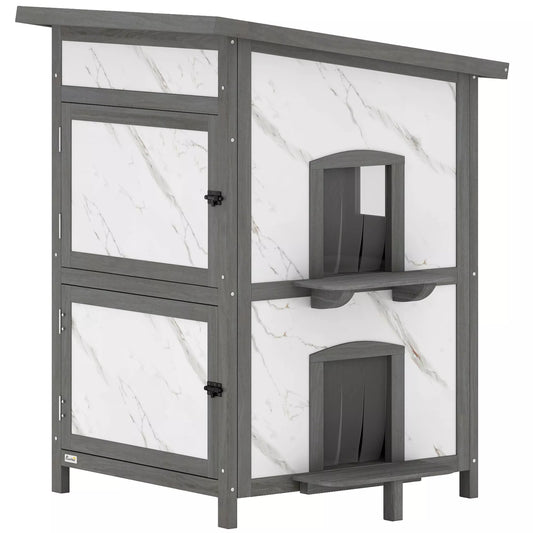 Lauko namelis katėms, medinis namelis katėms, keli įėjimai, langai, atsparus vandeniui, 60 x 60 x 88 cm, baltas