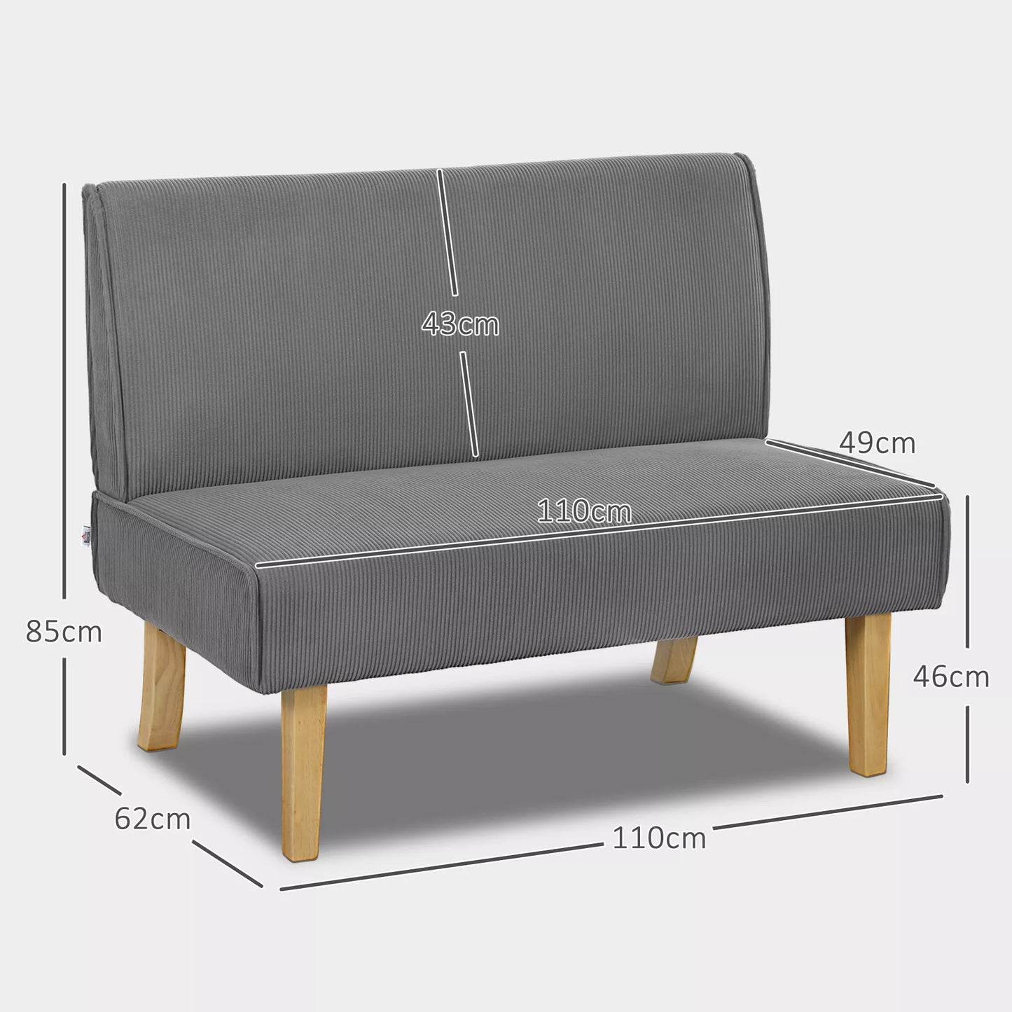 Dviejų vietų sofa su veliūro apmušalu, storu kamšalu ir tvirtomis medinėmis kojelėmis svetainei, miegamajam, biurui, pilka