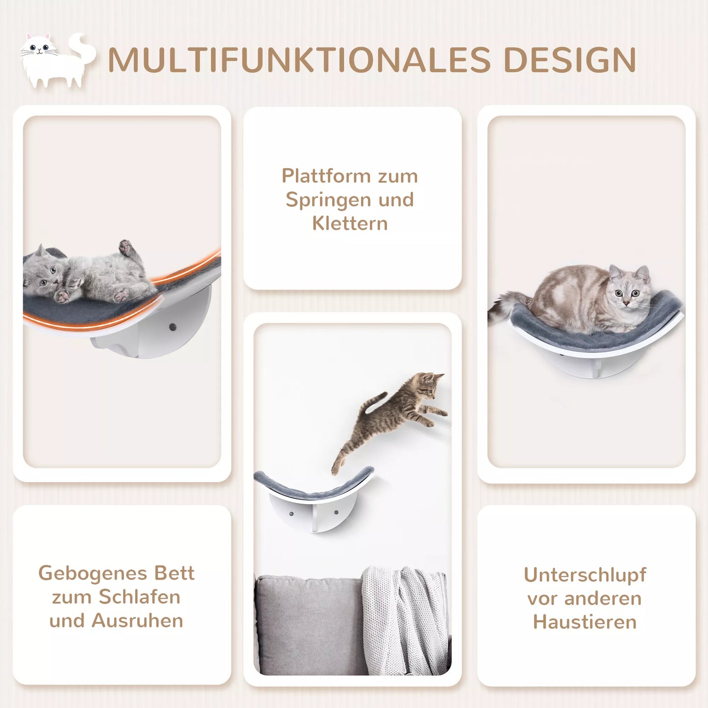 Katės lova ant sienos, katės lentyna su pliušiniu paminkštinimu, pilka, 41 x 28 x 21 cm