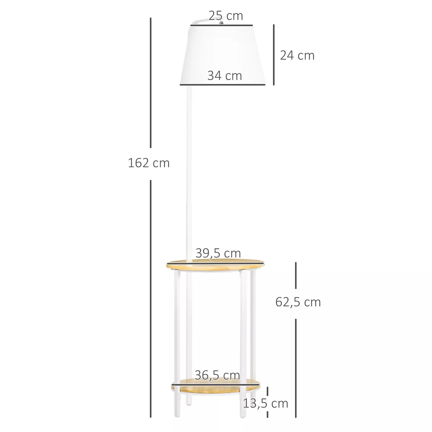 Pastatomas šviestuvas su 2 lentynomis, grindų šviestuvas, kojinis jungiklis, 40 W. E27, Natūralios spalvos + Balta