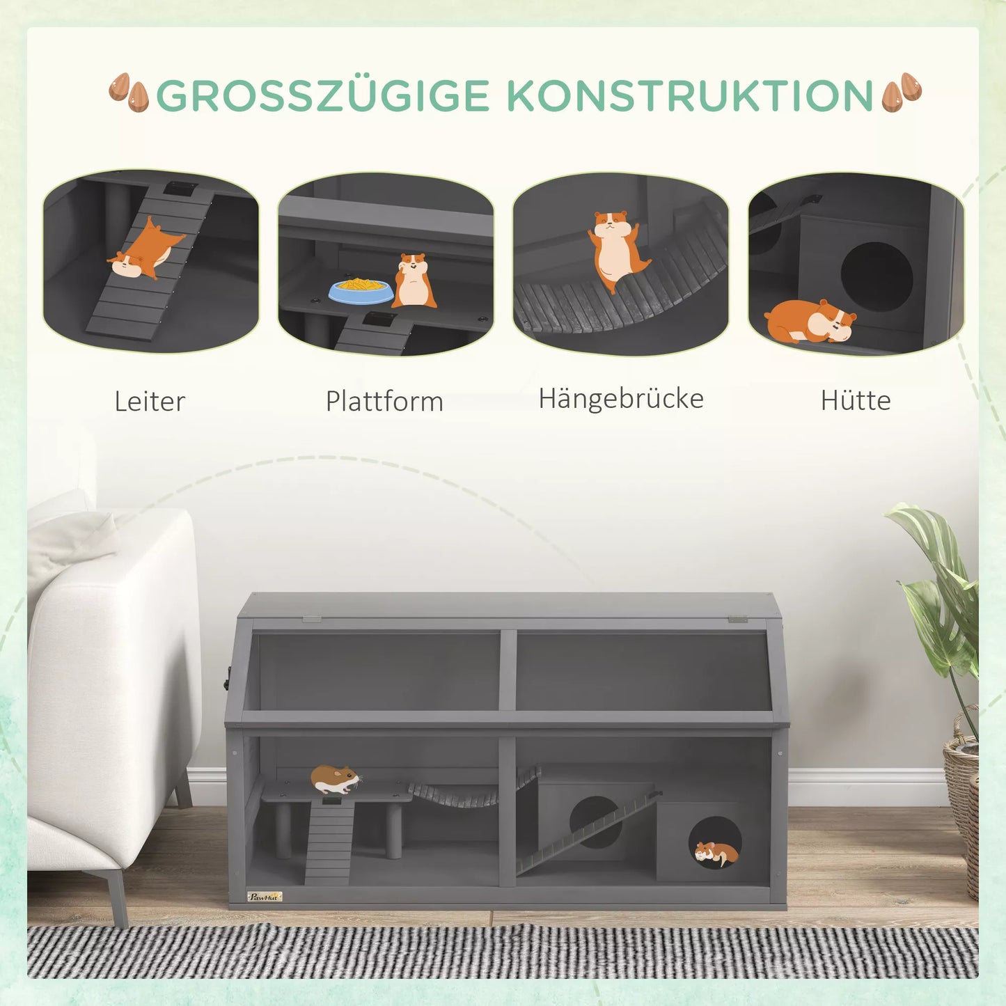 Smulkaus gyvūnėlio ir graužikų narvas su priedais, eglės mediena, 100 cm x 52 cm x 50 cm, pilkas