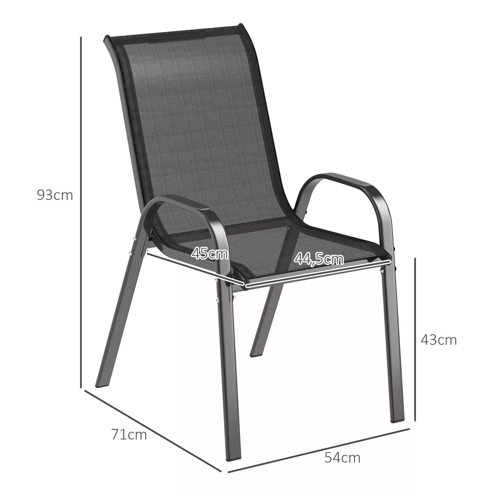 Lauko ir sodo kėdės 4 vnt., sustatomos plieninės su porankiais, iki 120 kg, juodos spalvos