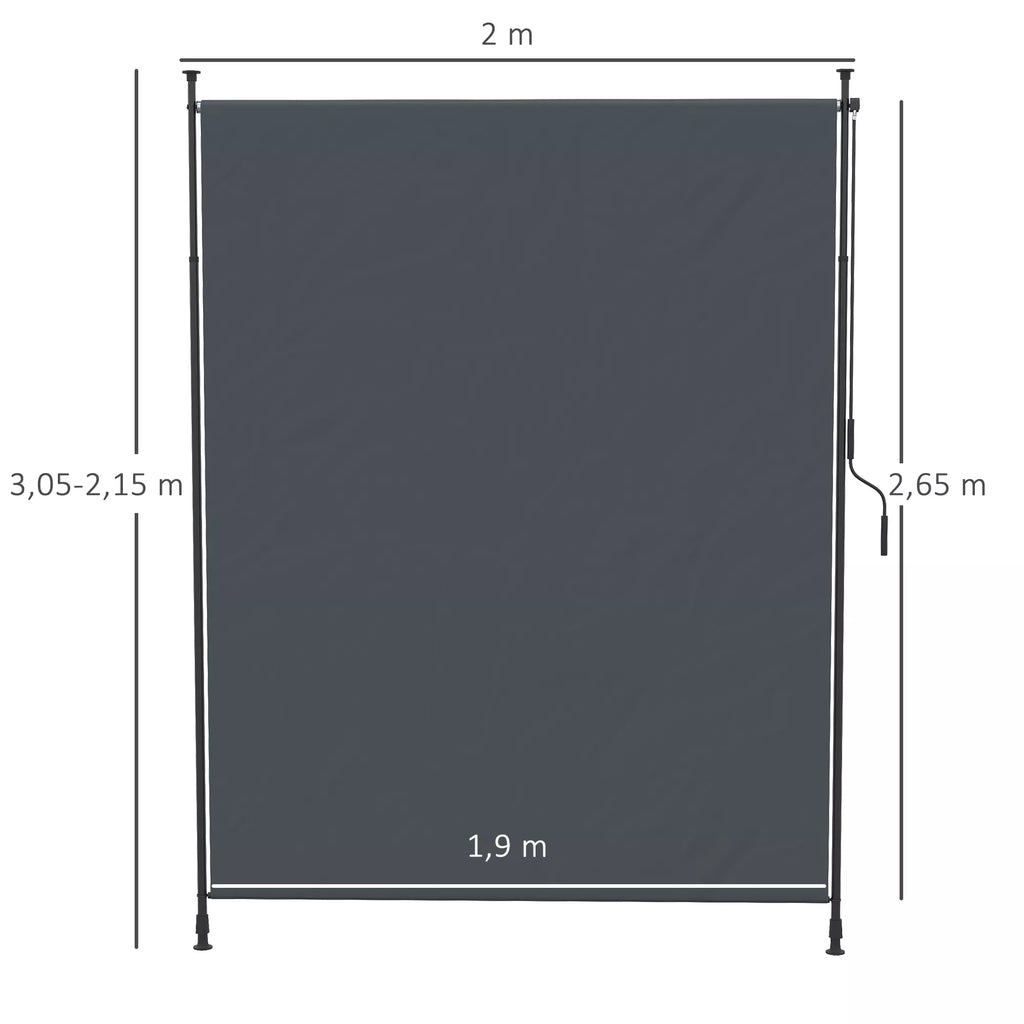 Šoninė markizė, montavimas be gręžimo, reguliuojamas aukštis, su rankine svirtimi, metalinis rėmas, pilkos spalvos, 2 x 2,15–3,05 m