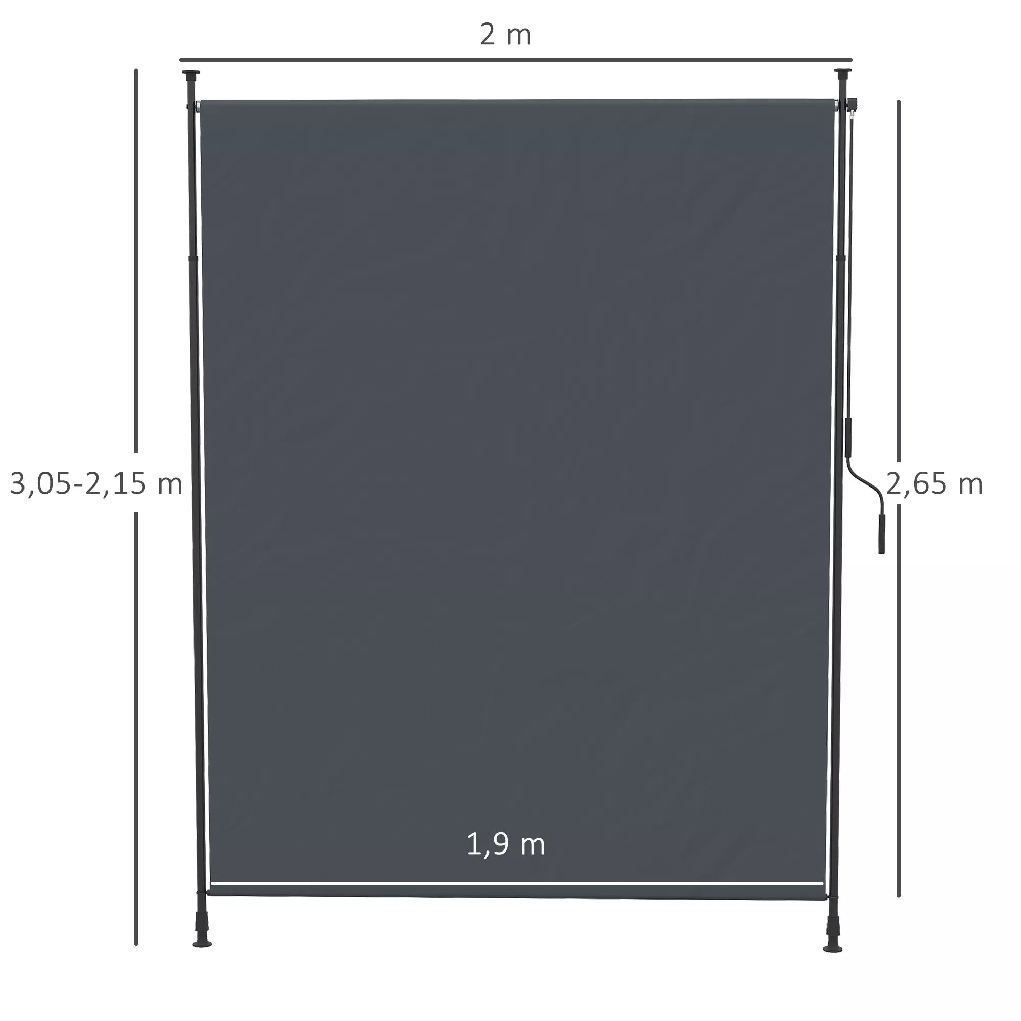 Šoninė markizė, montavimas be gręžimo, reguliuojamas aukštis, su rankine svirtimi, metalinis rėmas, pilkos spalvos, 2 x 2,15–3,05 m