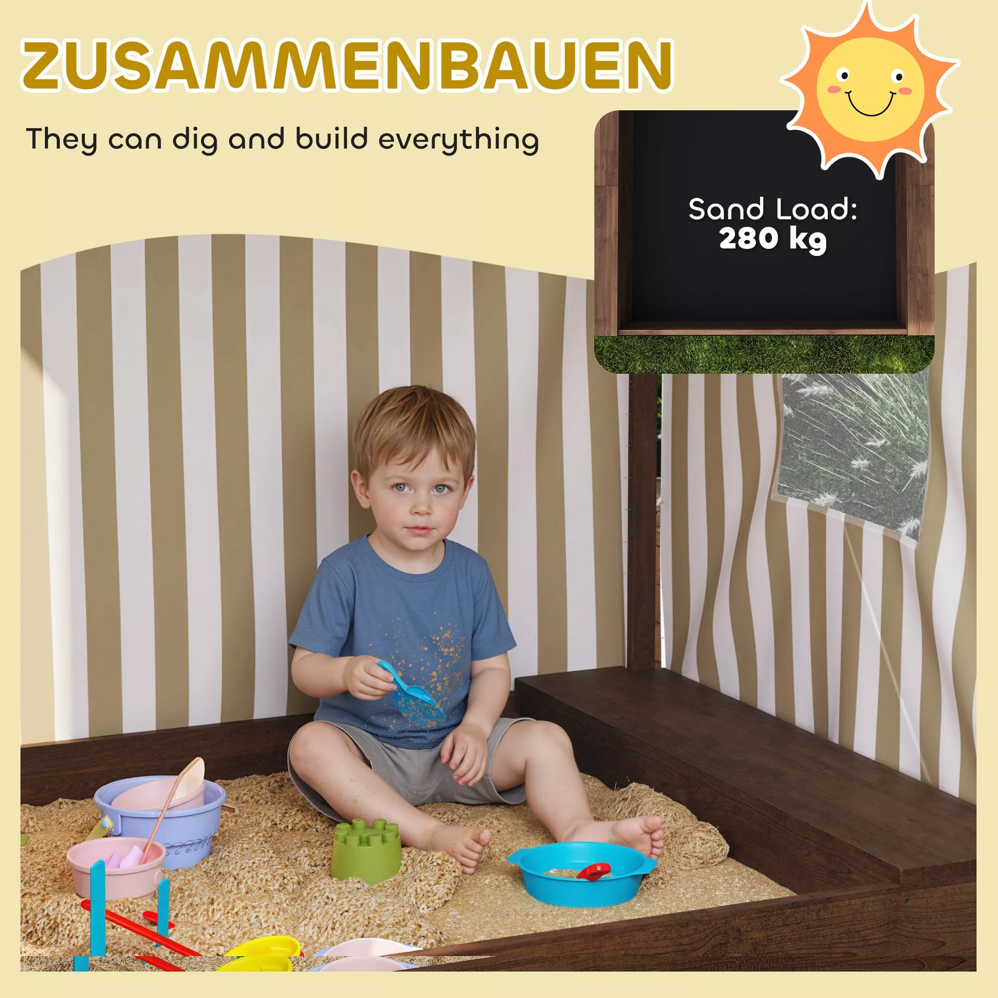 Smėlio dėžė su stogeliu ir tinklinėmis durelėmis, suoliukais, dugno apsauga, ruda