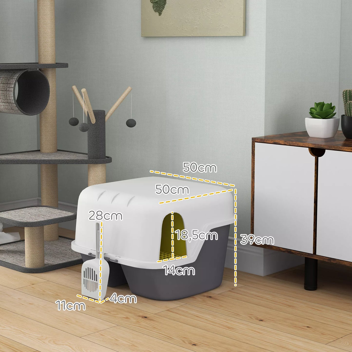 Katės tualetas, katino dėžutė su dangčiu ir kastuvėliu, lengvai valomas, uždaromas, balta