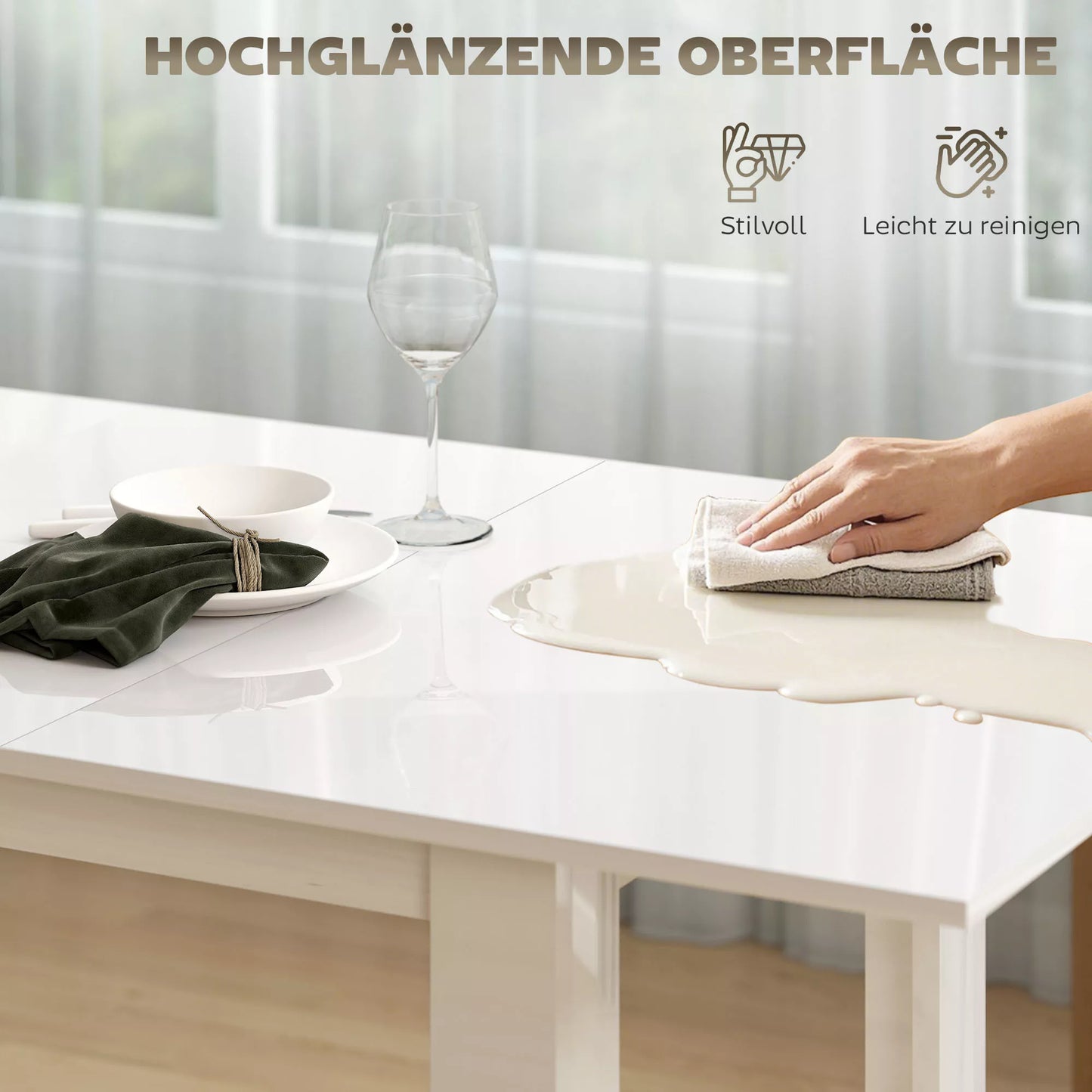 Išlankstomas valgomojo stalas, 120-160 x 70 cm, reguliuojamas virtuvės stalas 4-6 žmonėms, MDF, baltas blizgus