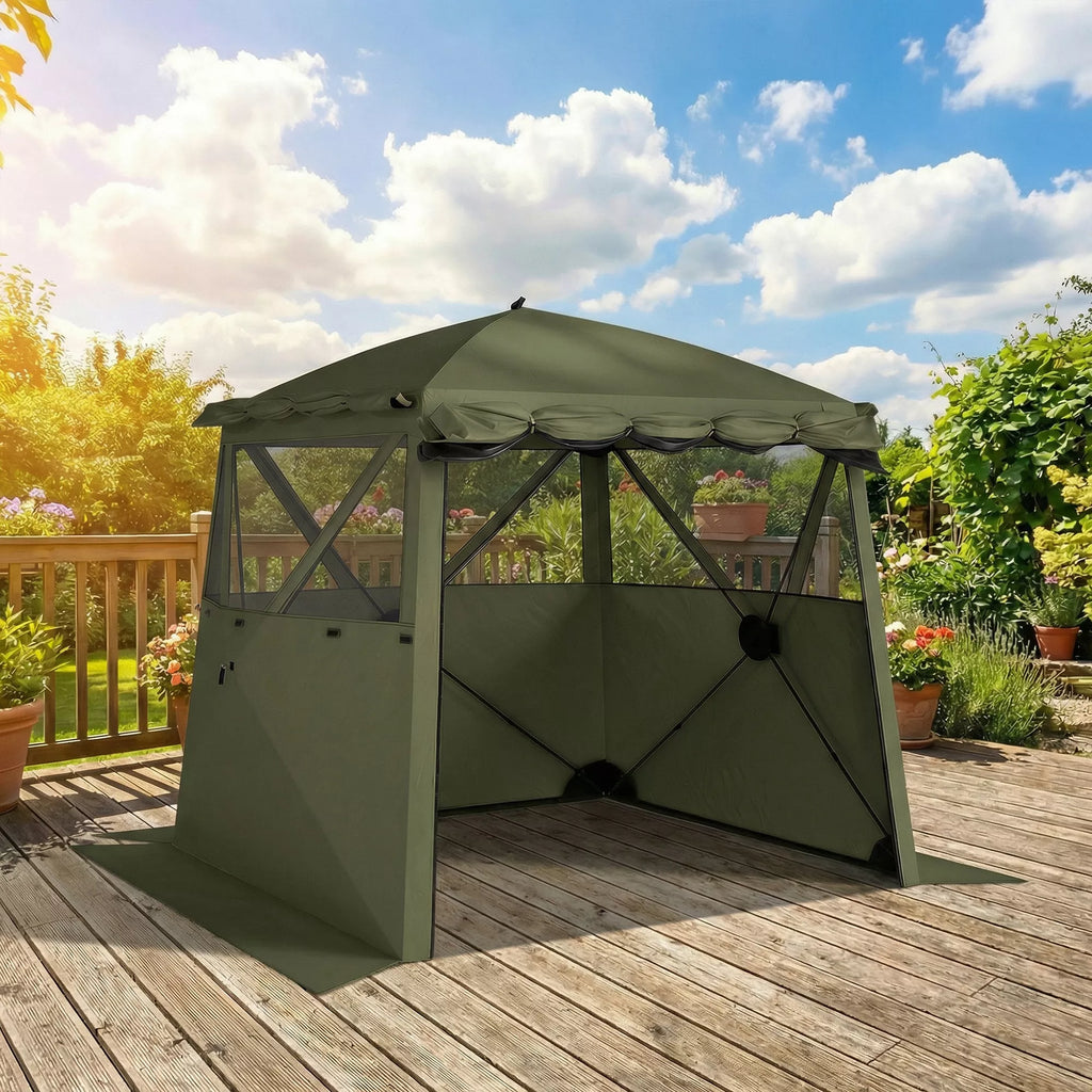 2x2 m paviljonas, atsparus vandeniui, tvirtas, atsparus žiemai, išskleidžiamas sulankstomas paviljonas su 4 šoniniais elementais, tinkliniais langais, priekinėmis durimis, UV 30+