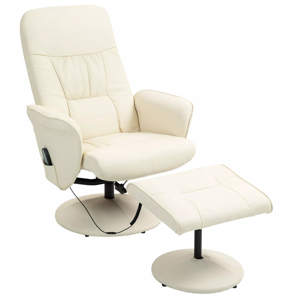 Atlojamas krėslas su pėdų atrama, Ergonominis krėslas su 10 vibracijos taškų, dirbtinė oda, 76 x 81 x 105 cm, kreminės baltos spalvos