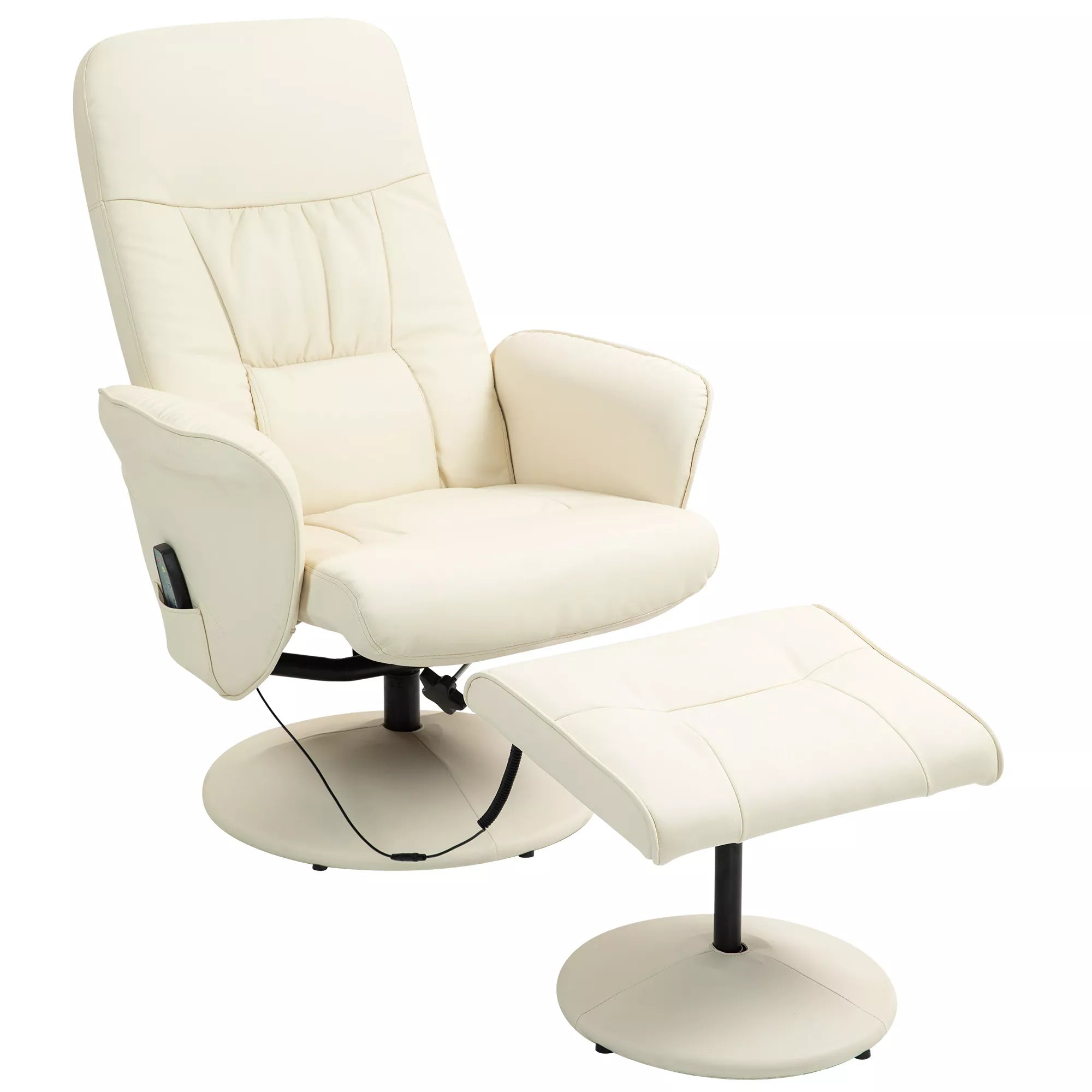Atlojamas krėslas su pėdų atrama, Ergonominis krėslas su 10 vibracijos taškų, dirbtinė oda, 76 x 81 x 105 cm, kreminės baltos spalvos